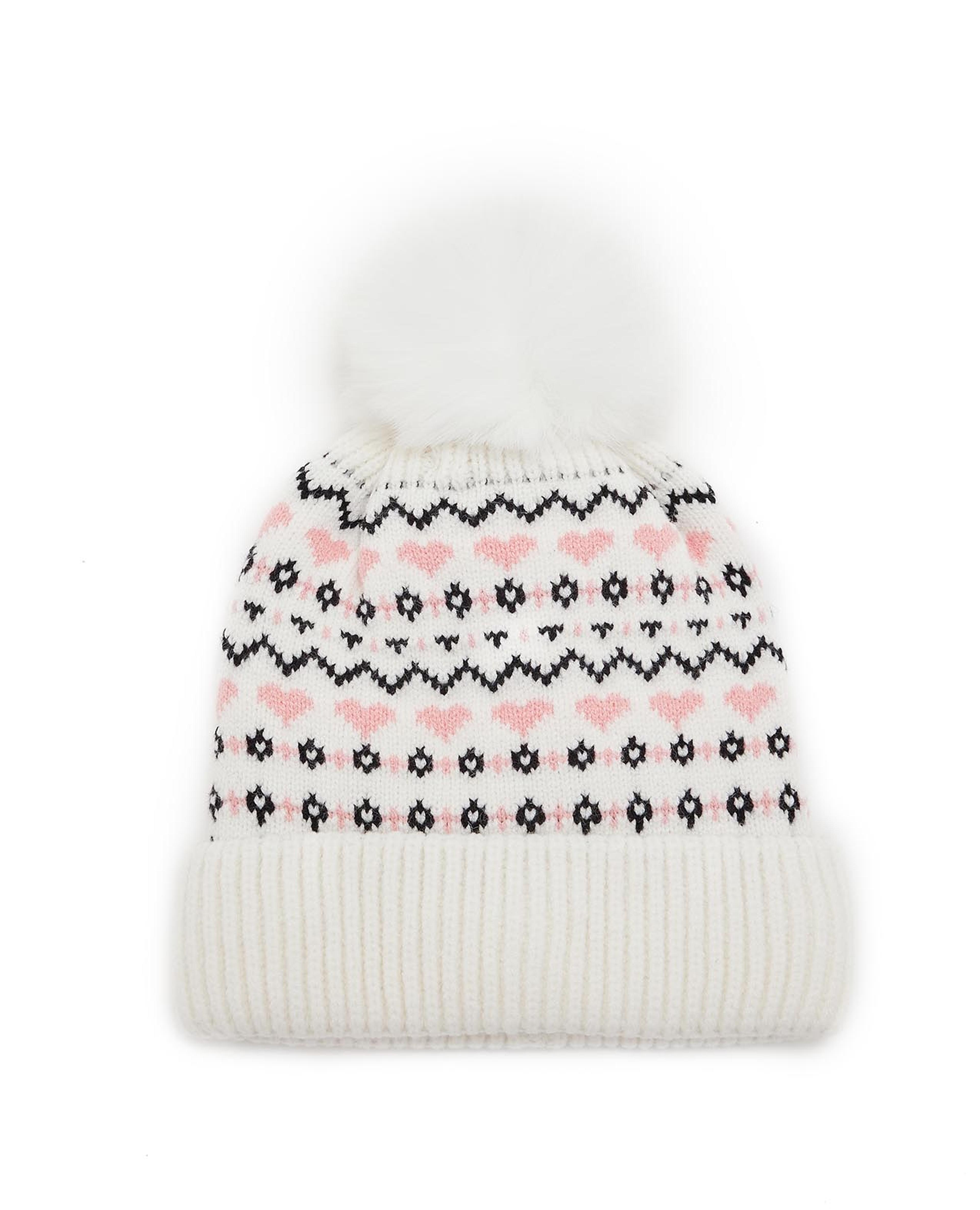 Patterned Beanie with Pom-Pom