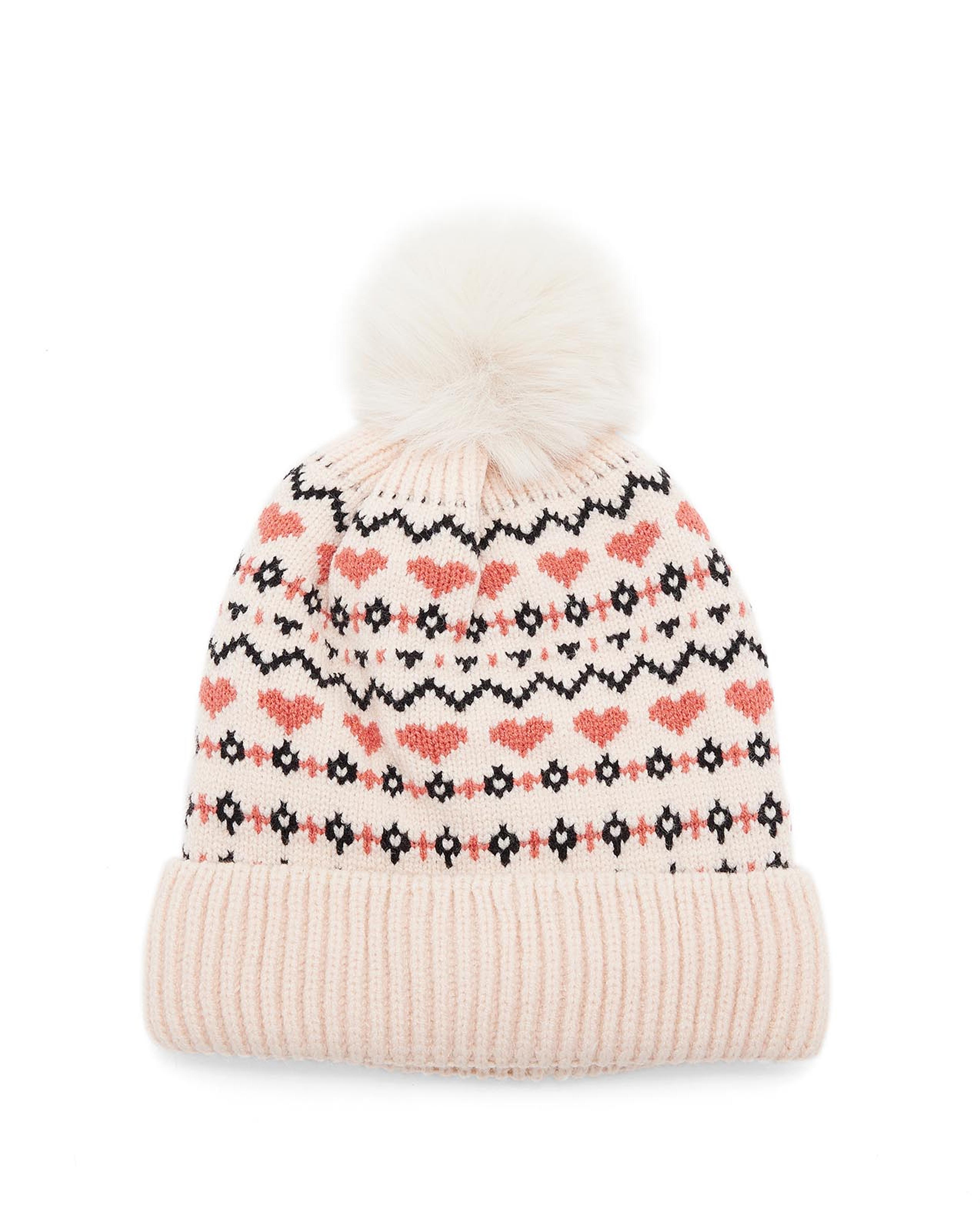 Patterned Beanie with Pom-Pom