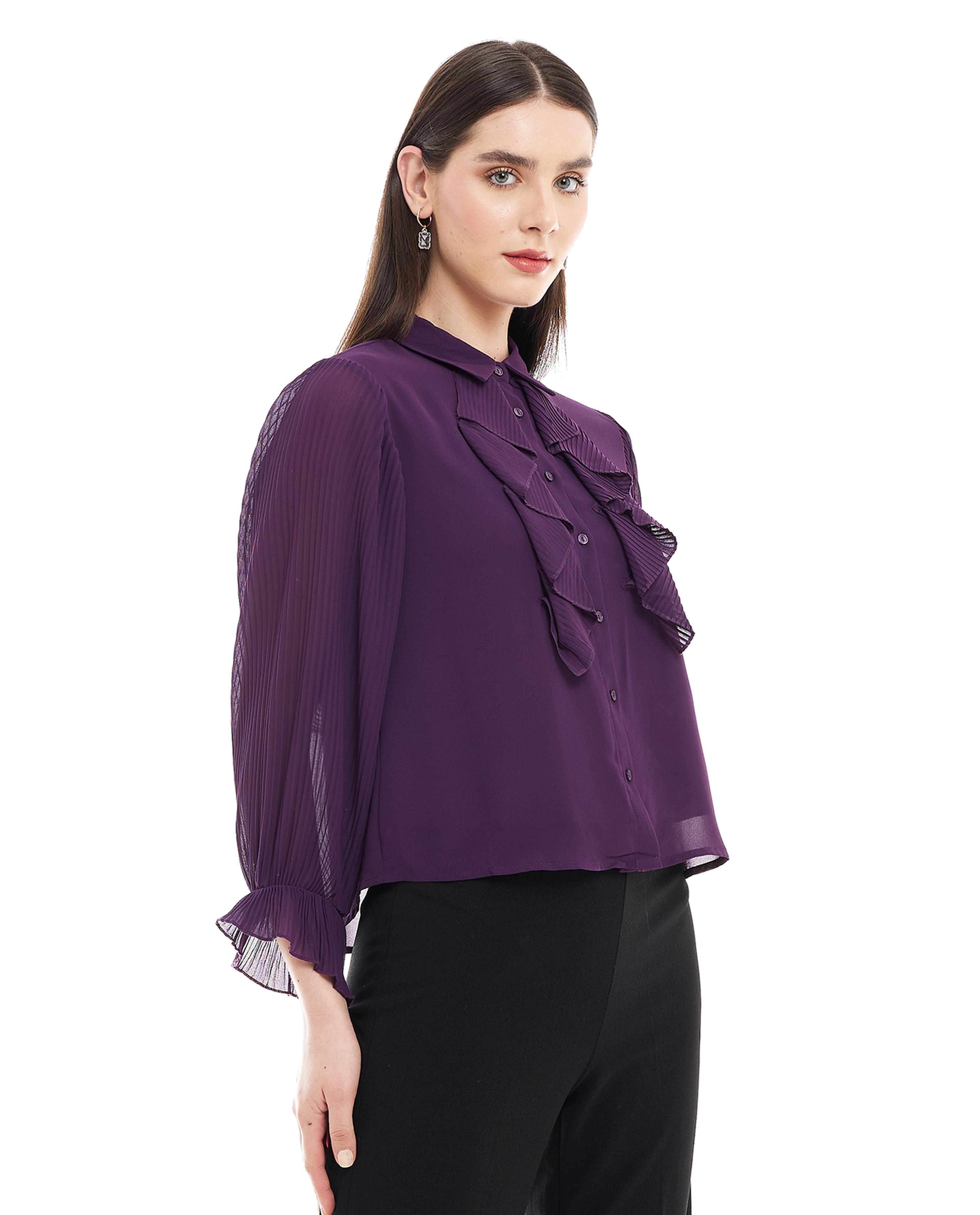 قميص سادة مع ياقة كلاسيكية وأكمام طويلة