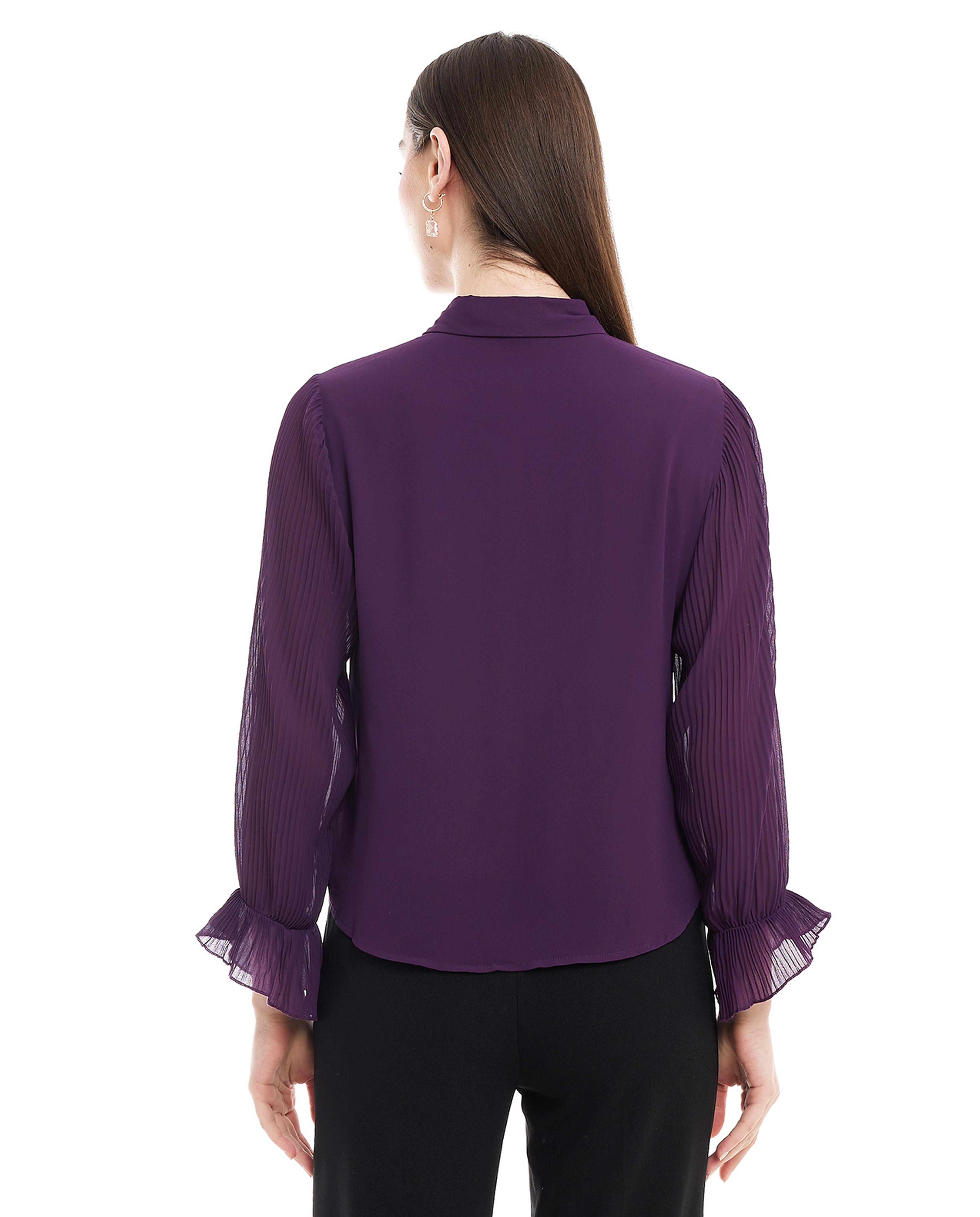 قميص سادة مع ياقة كلاسيكية وأكمام طويلة