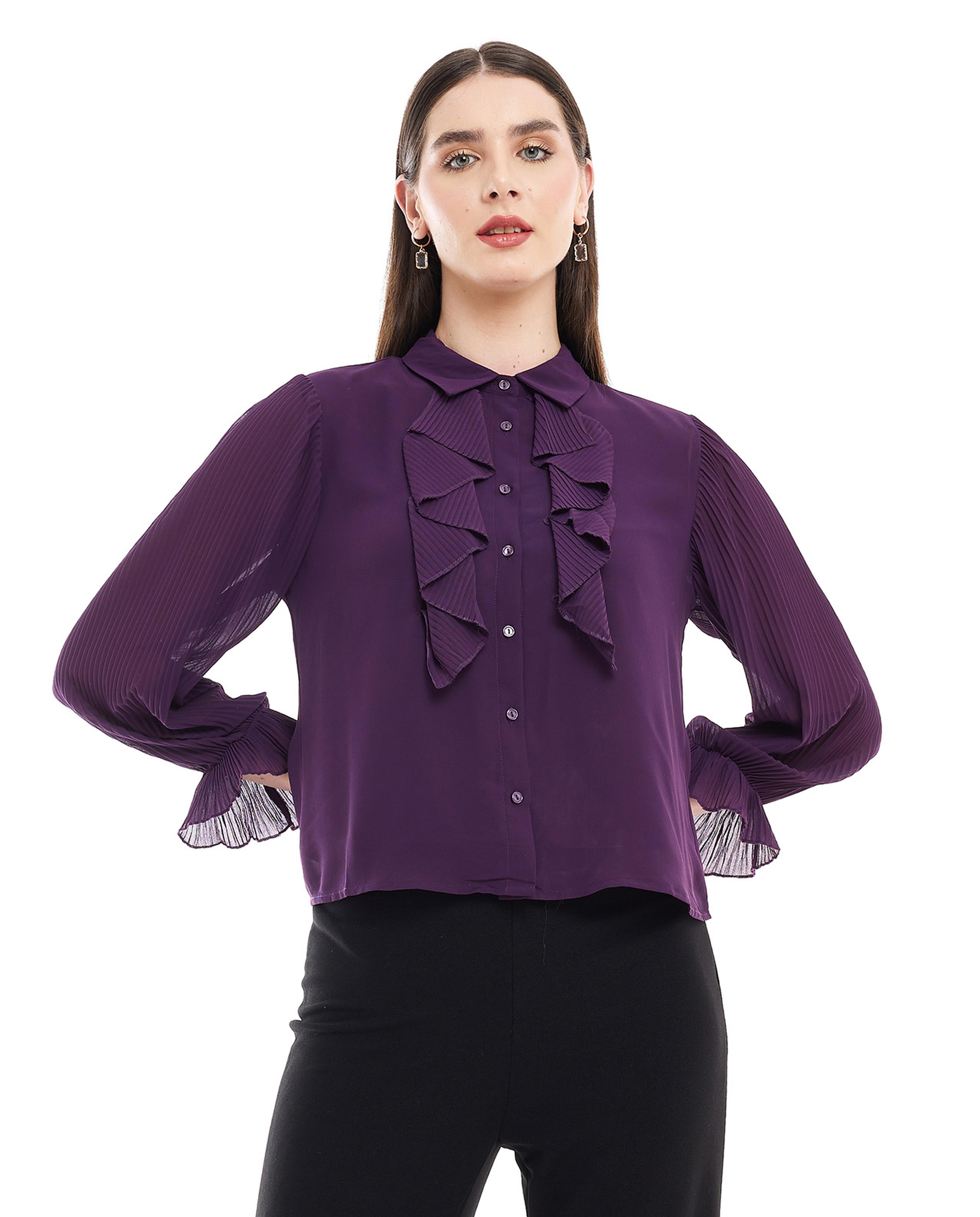 قميص سادة مع ياقة كلاسيكية وأكمام طويلة