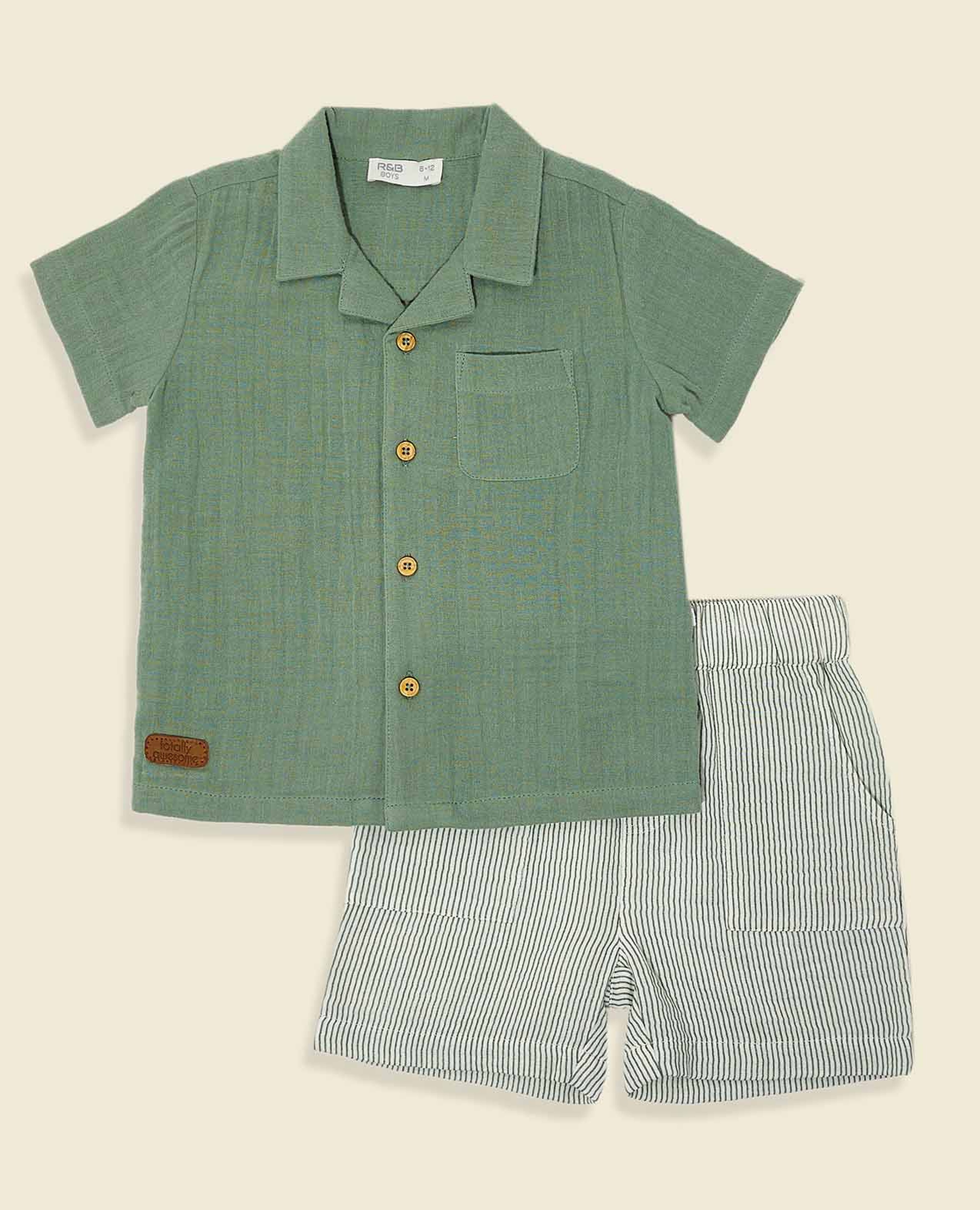 Solid Shirt and Striped Shorts Set