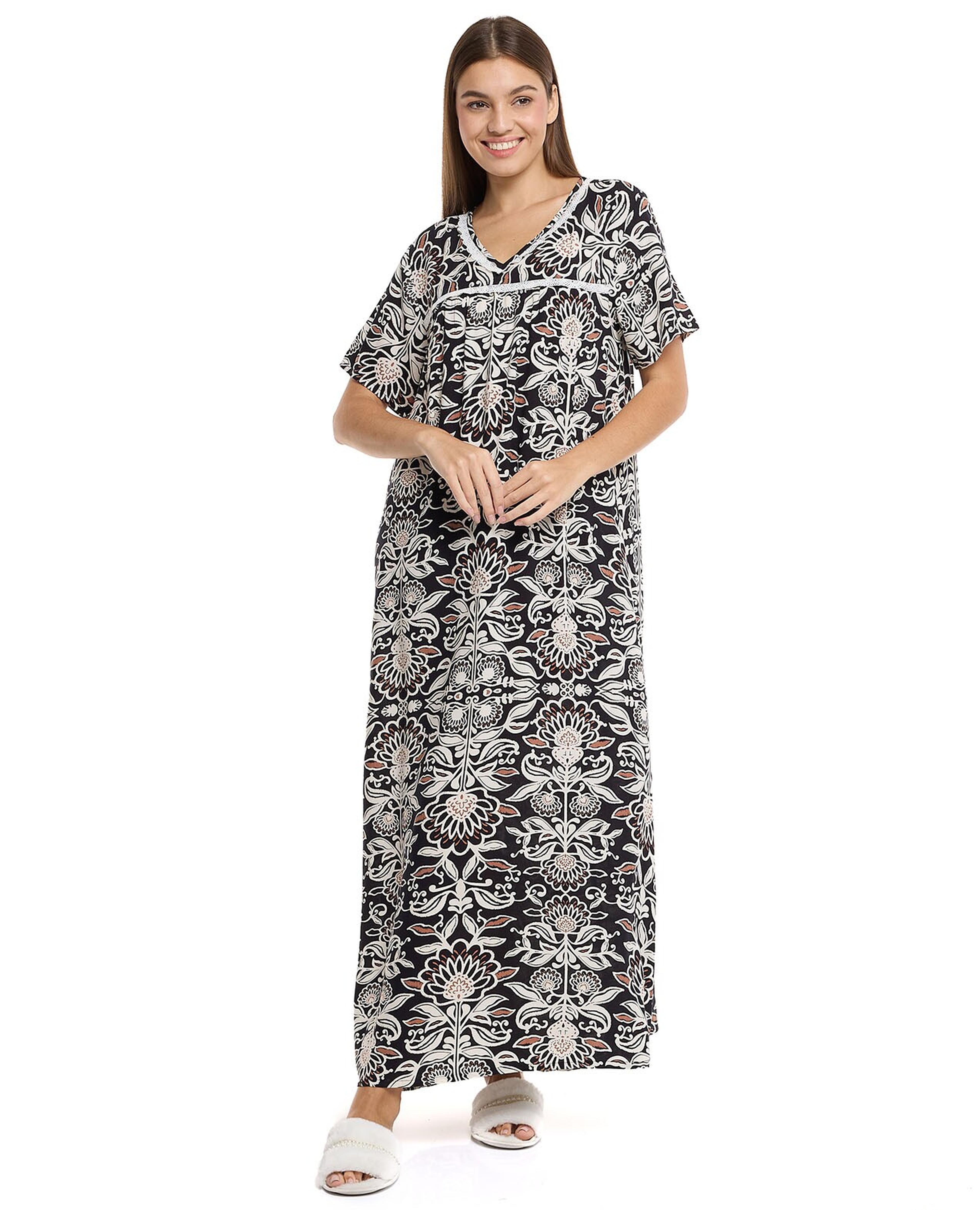 Printed Nightie With Short Sleeves