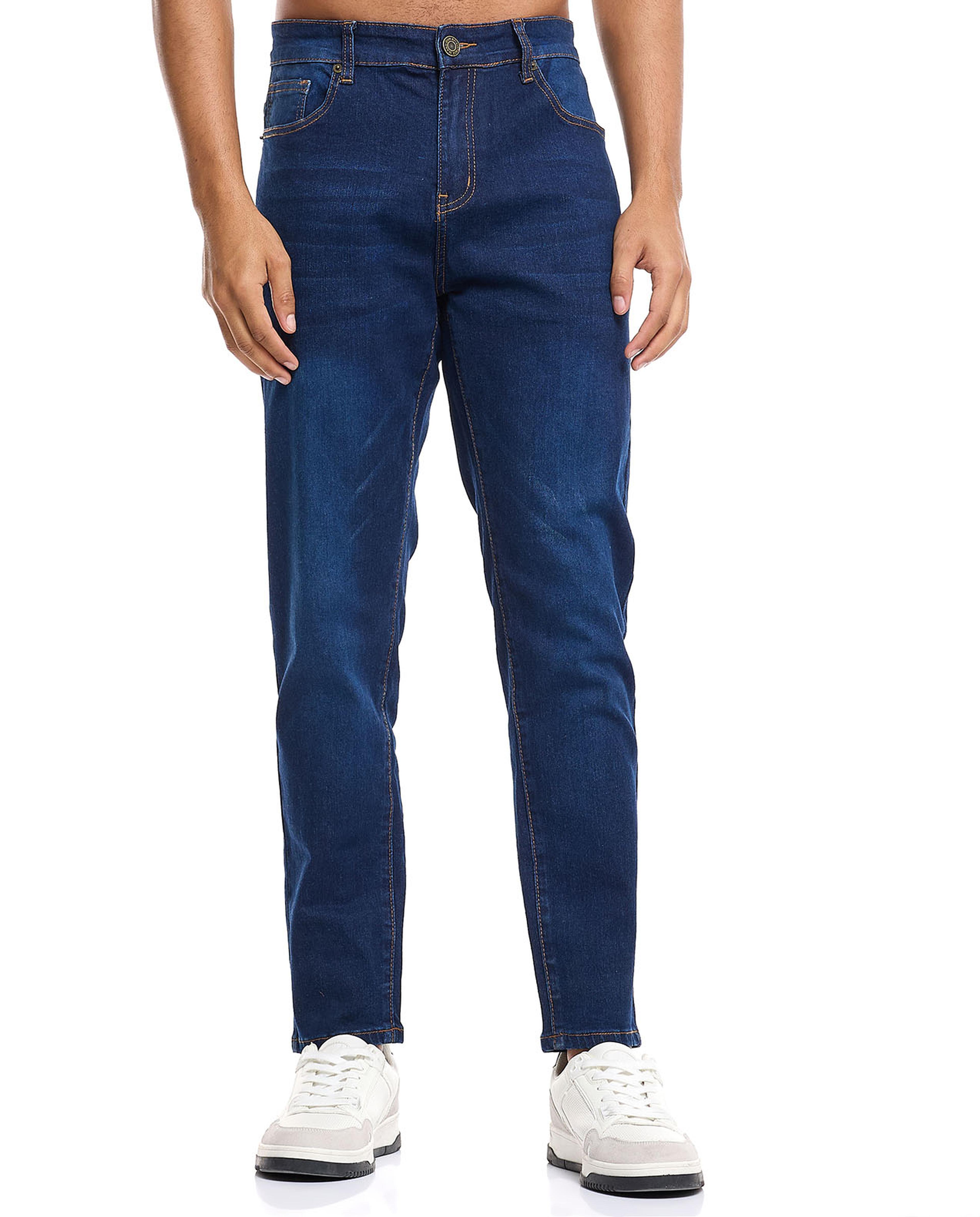 Solid Carrot Fit Jeans with Button Closure