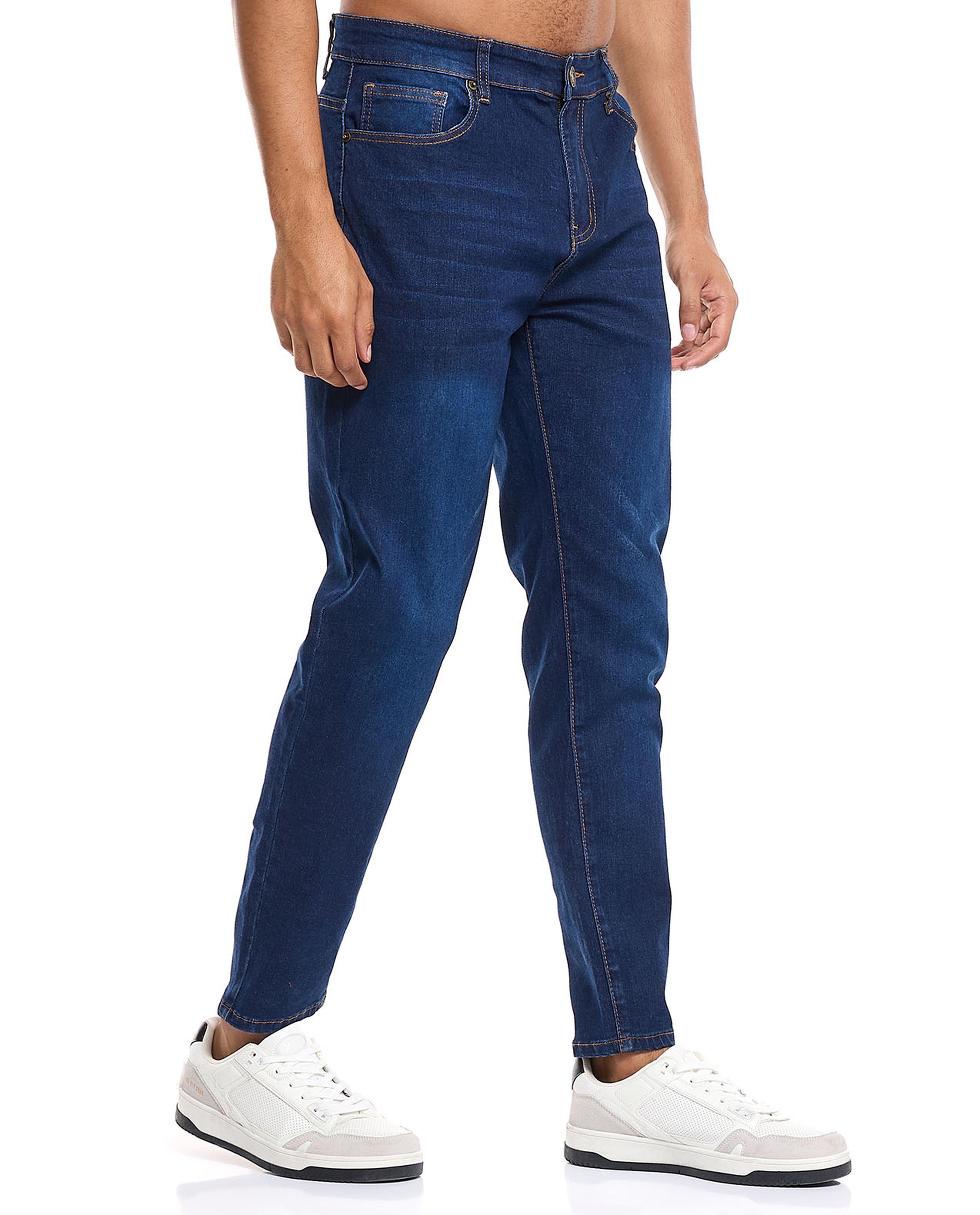 Solid Carrot Fit Jeans with Button Closure