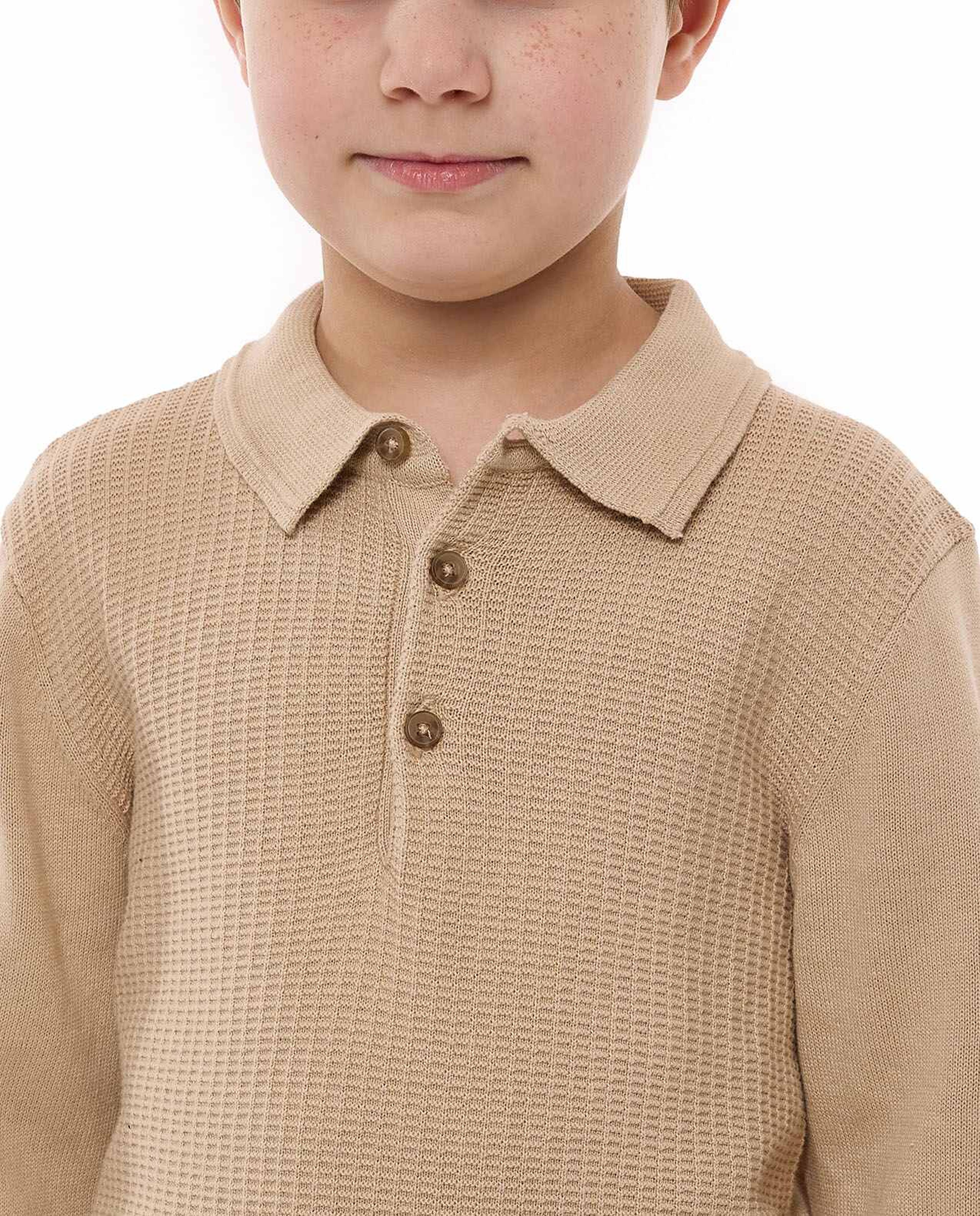 Textured Polo T-Shirt with Long Sleeves
