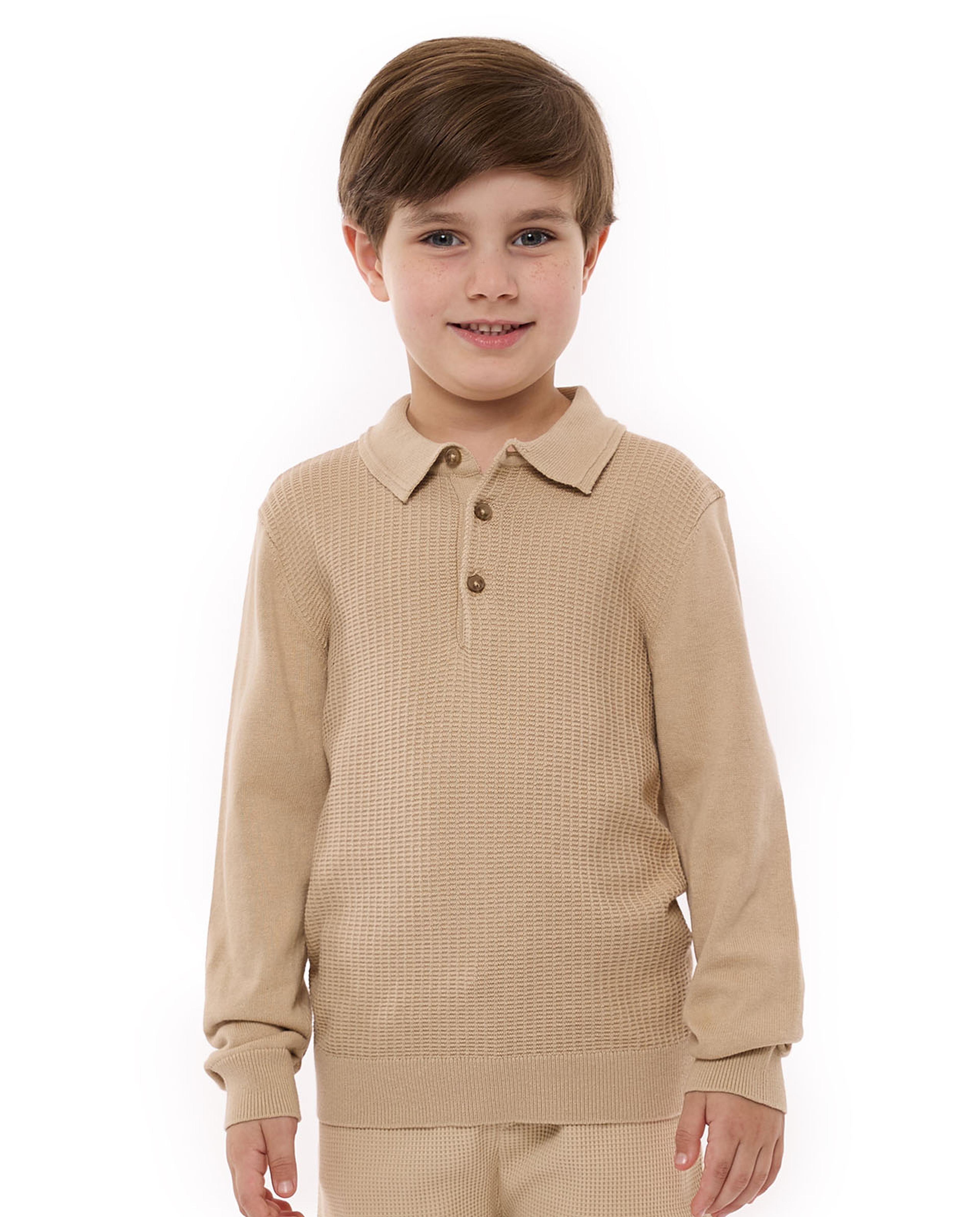 Textured Polo T-Shirt with Long Sleeves