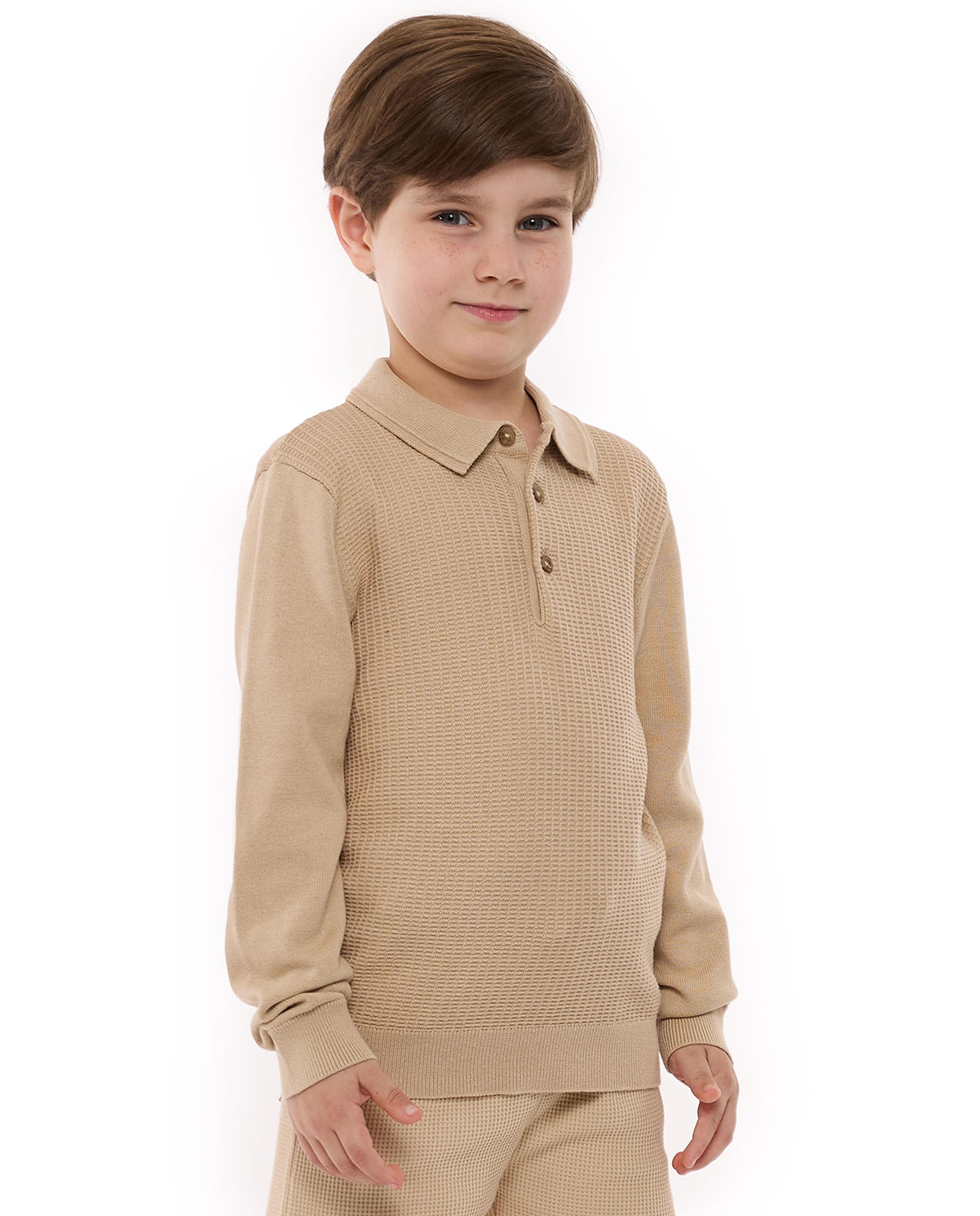 Textured Polo T-Shirt with Long Sleeves