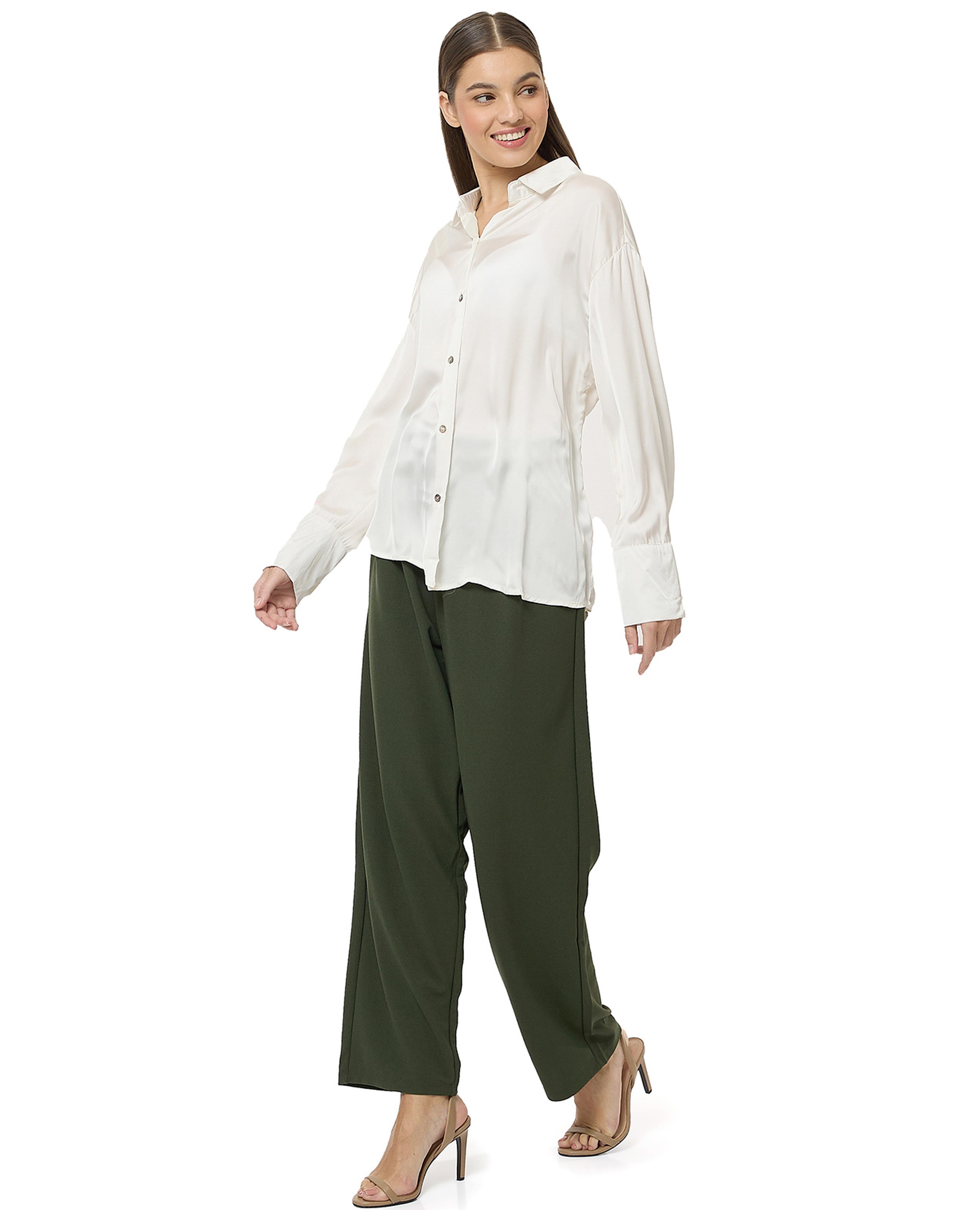 Solid Pleated Trousers with Button Closure