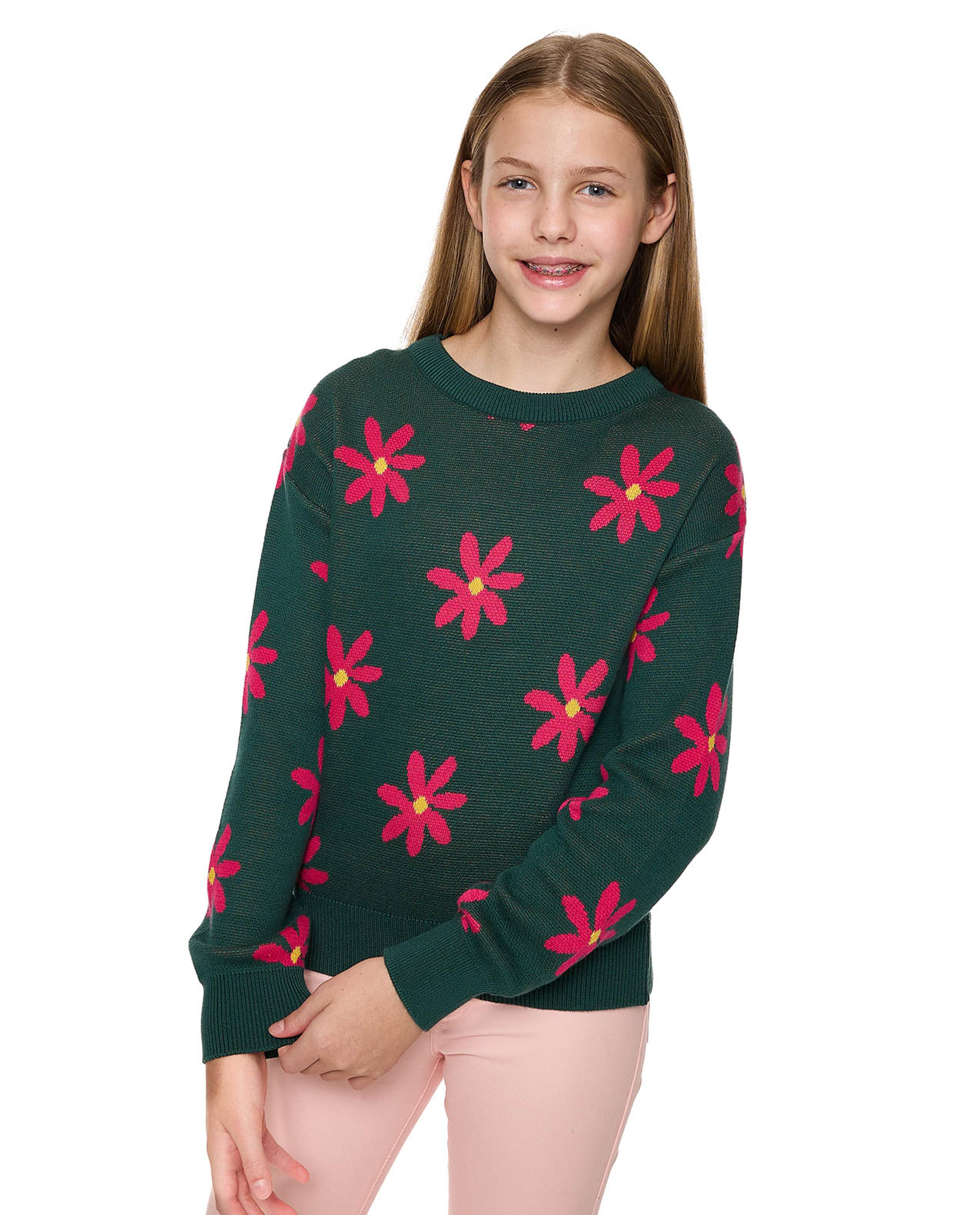 Floral Patterned Sweater with Crew Neck and Long Sleeves
