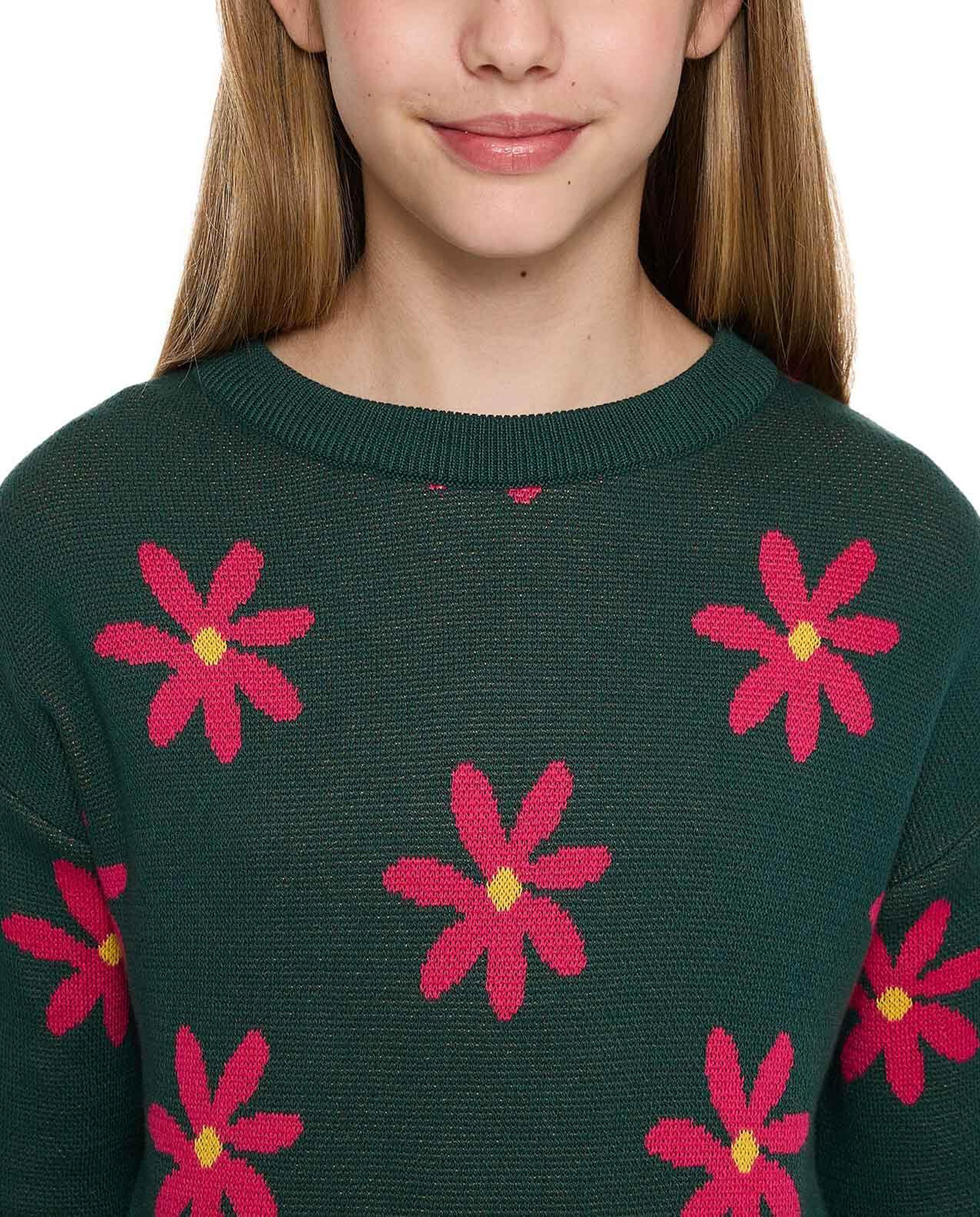 Floral Patterned Sweater with Crew Neck and Long Sleeves