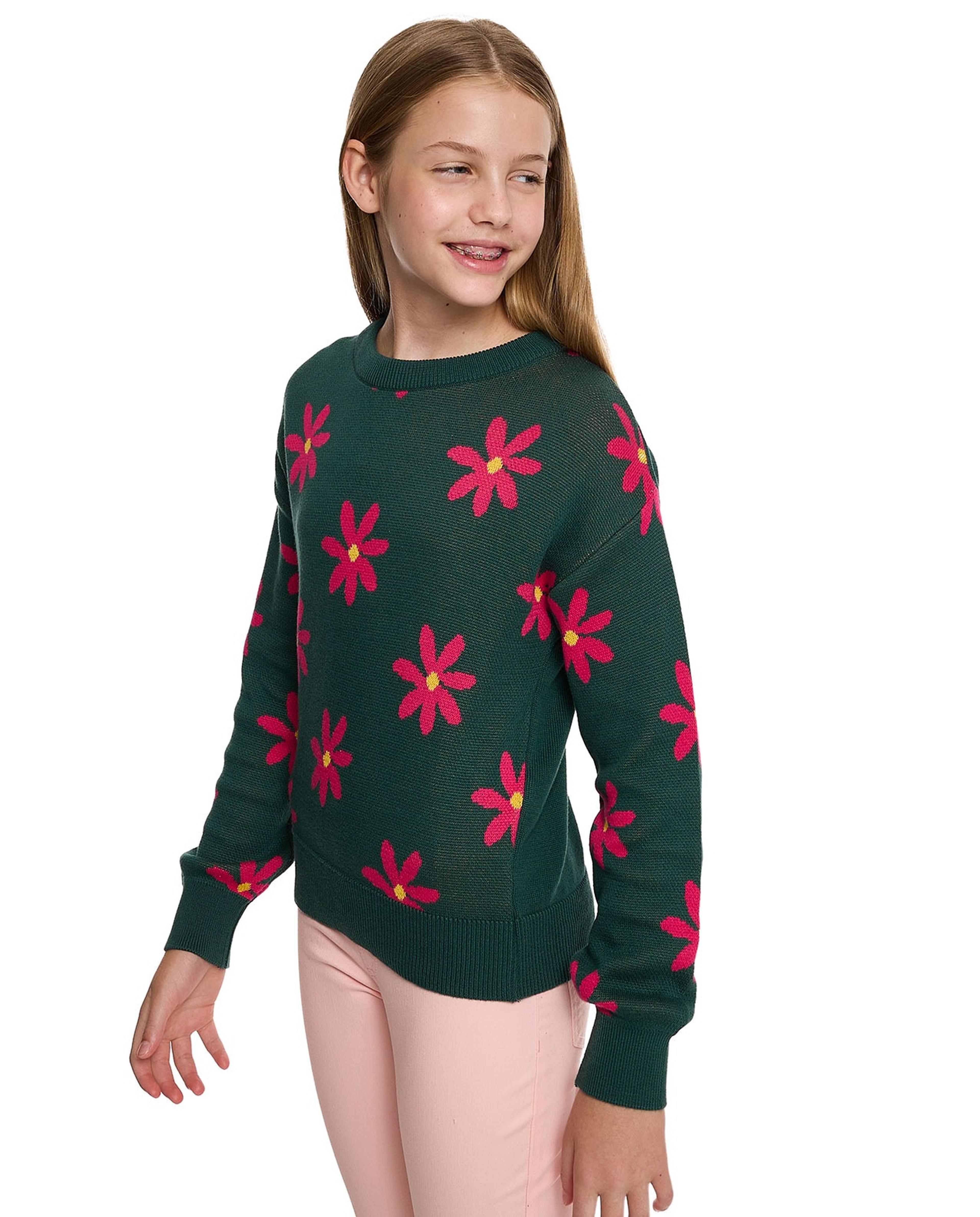 Floral Patterned Sweater with Crew Neck and Long Sleeves