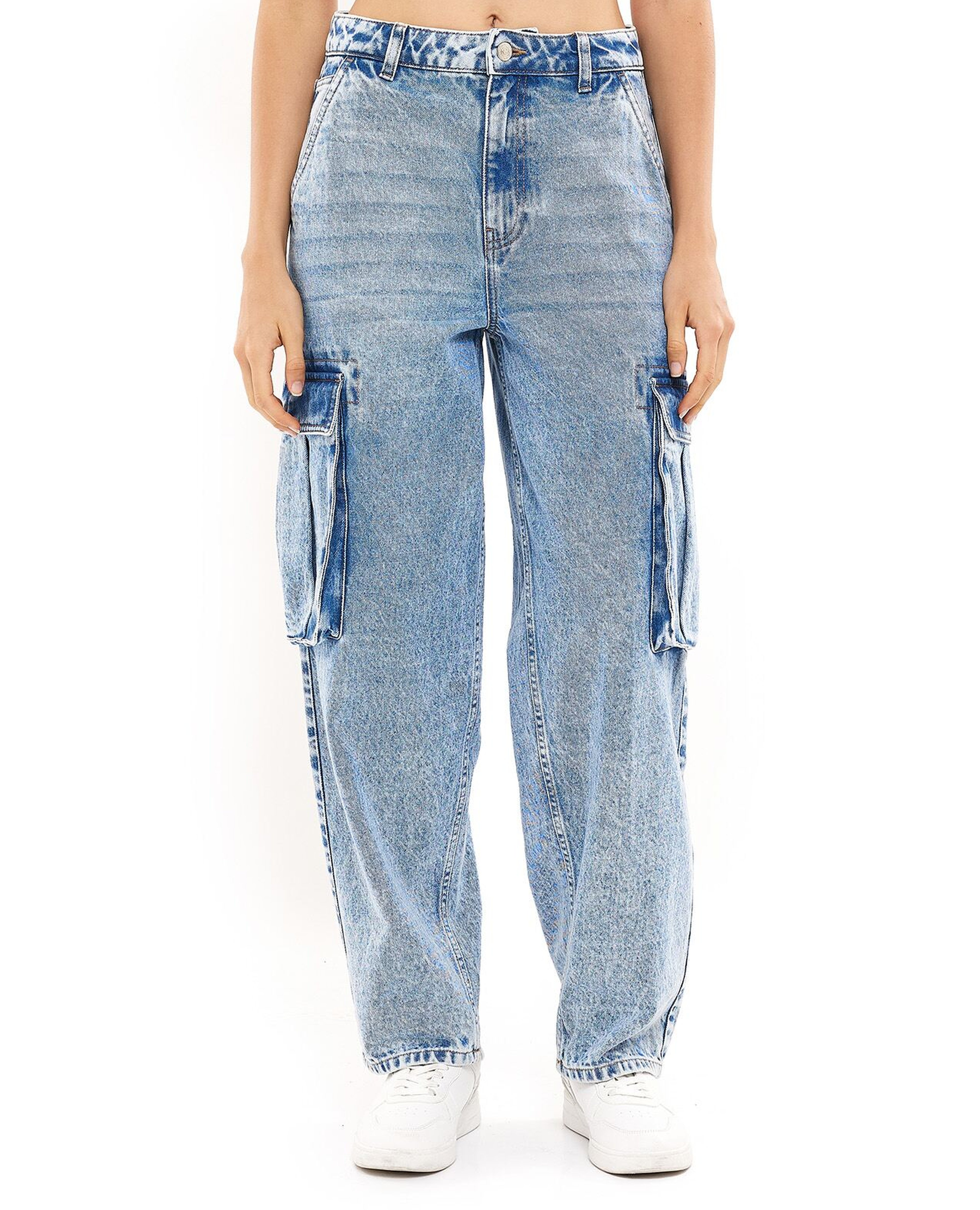 Washed Cargo Jeans with Button Closure