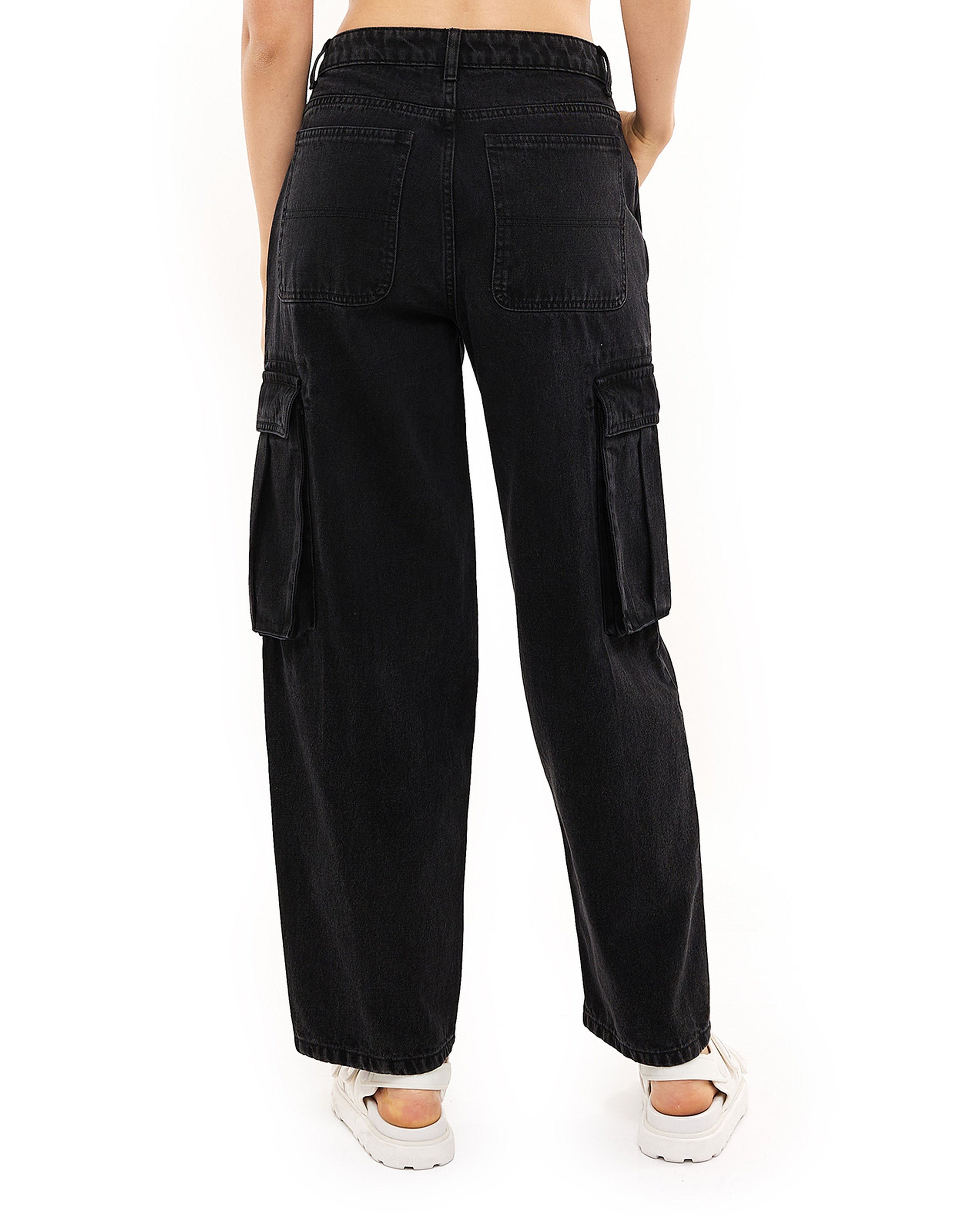 Solid Cargo Jeans with Button Closure