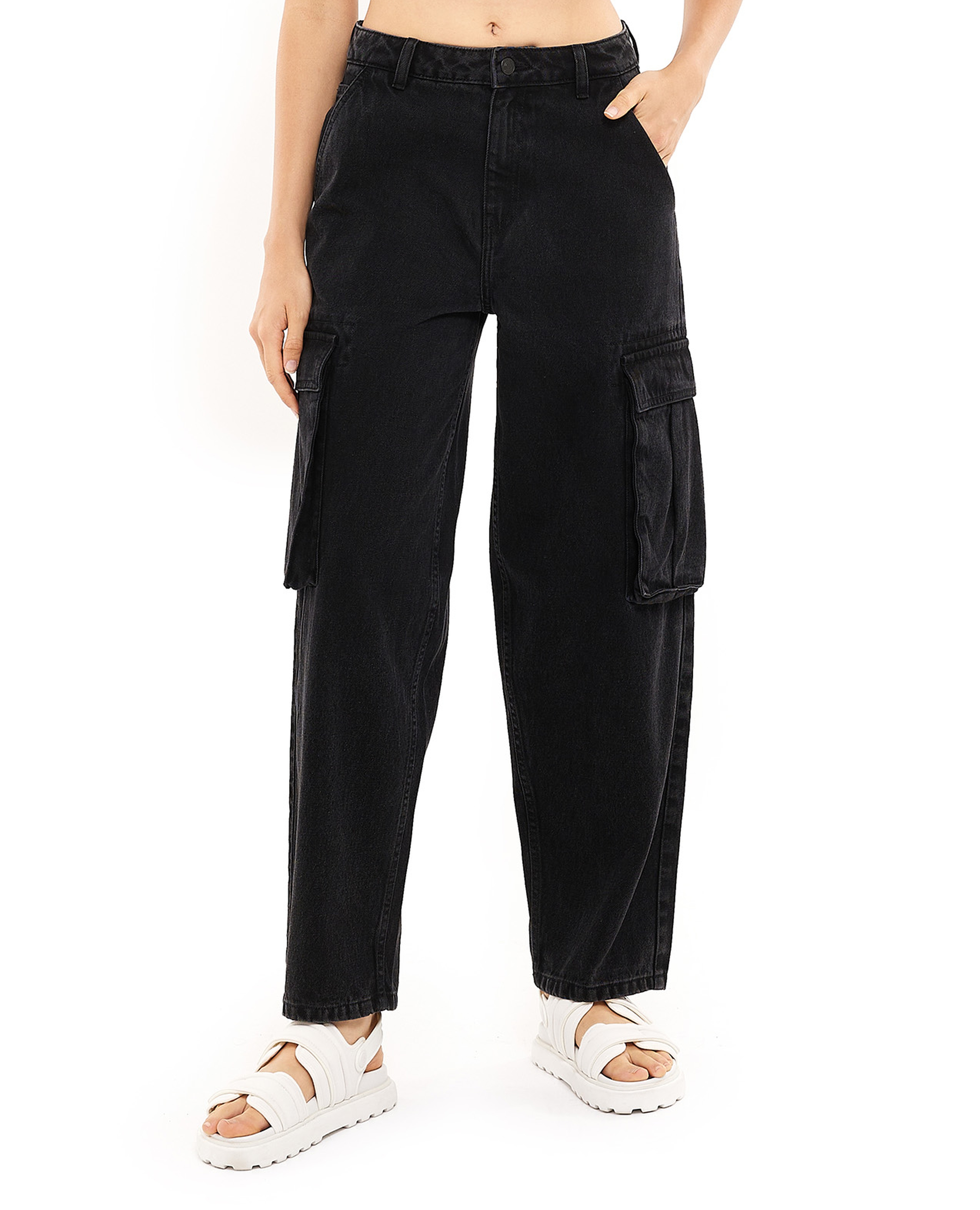 Solid Cargo Jeans with Button Closure