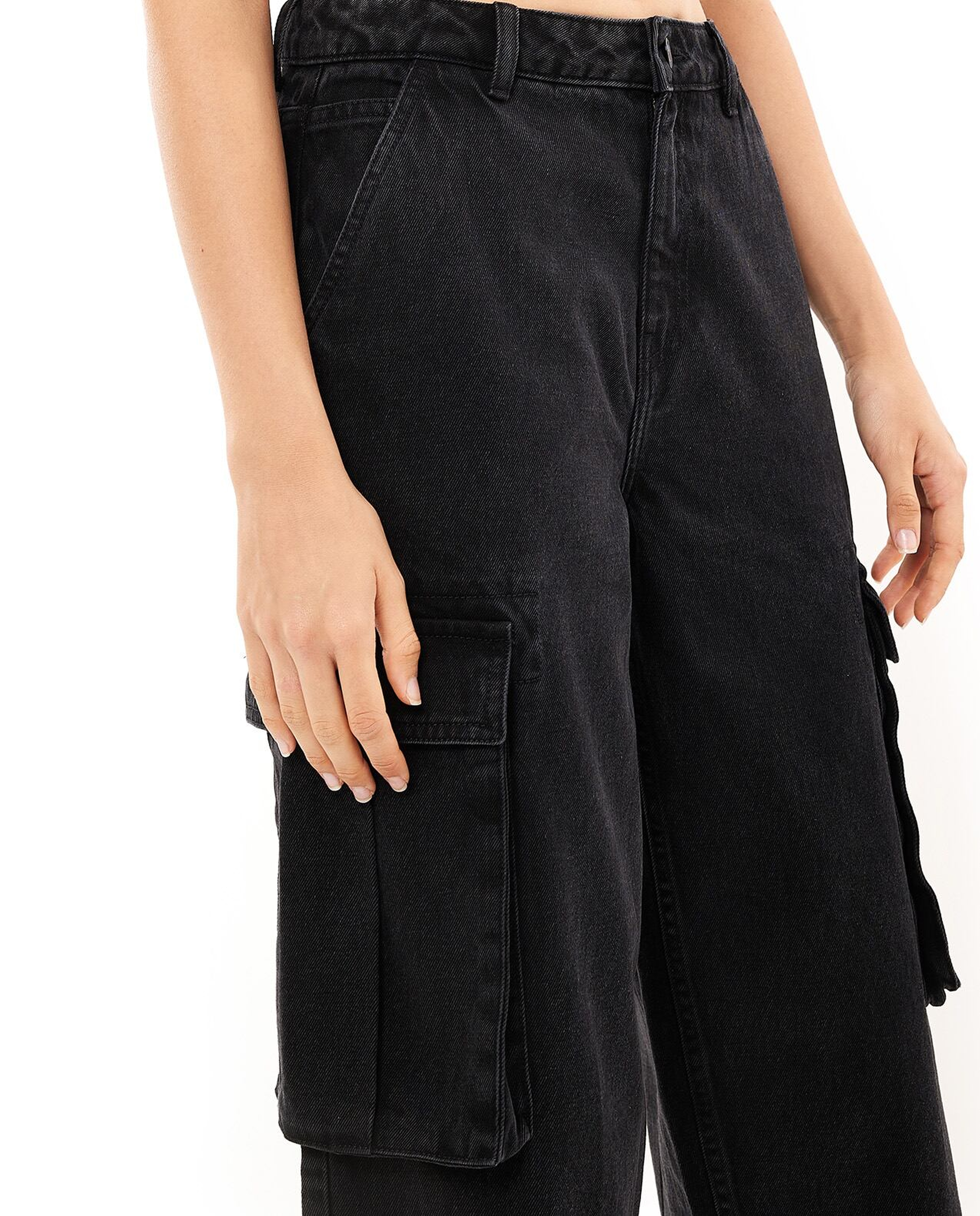 Solid Cargo Jeans with Button Closure