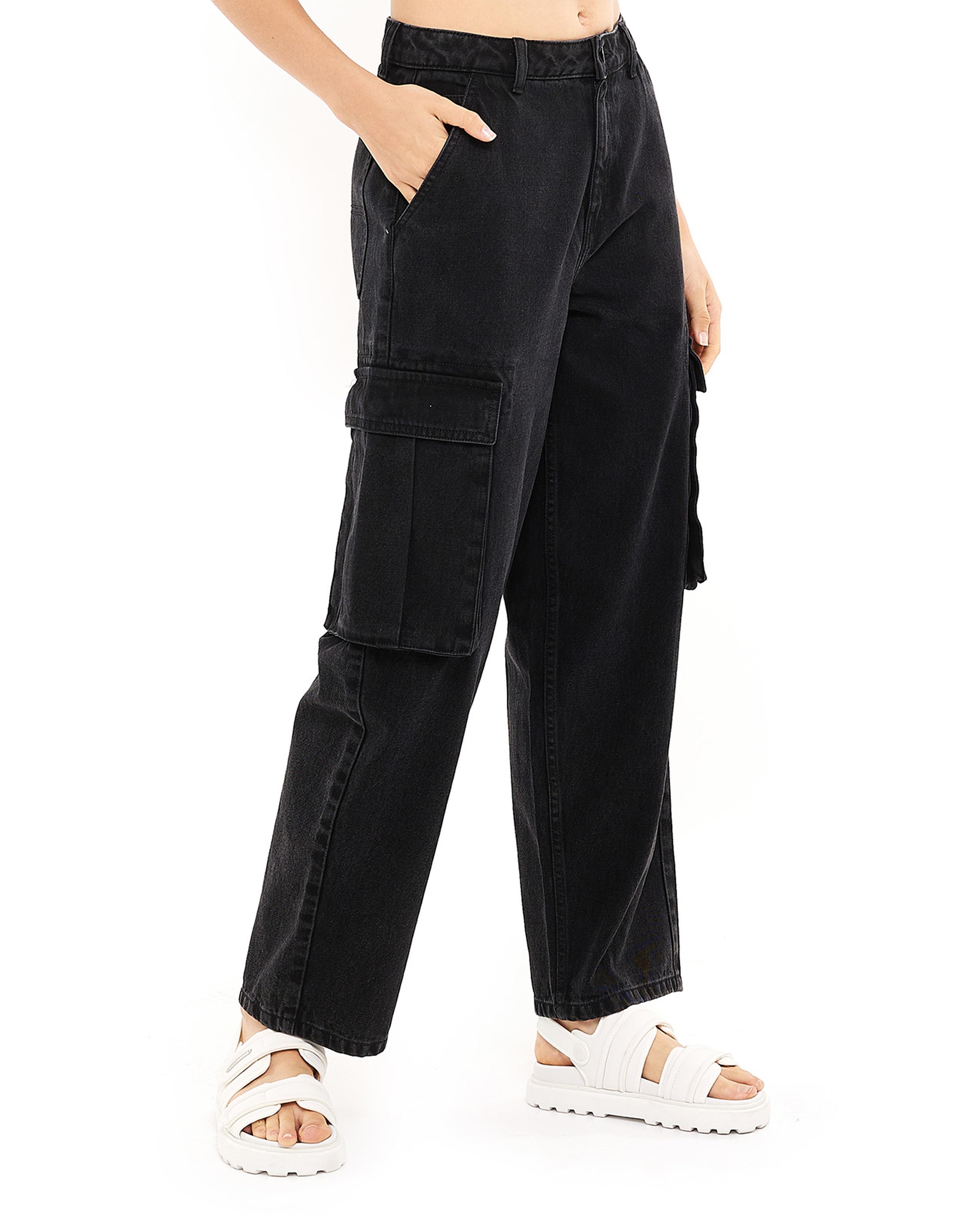 Solid Cargo Jeans with Button Closure