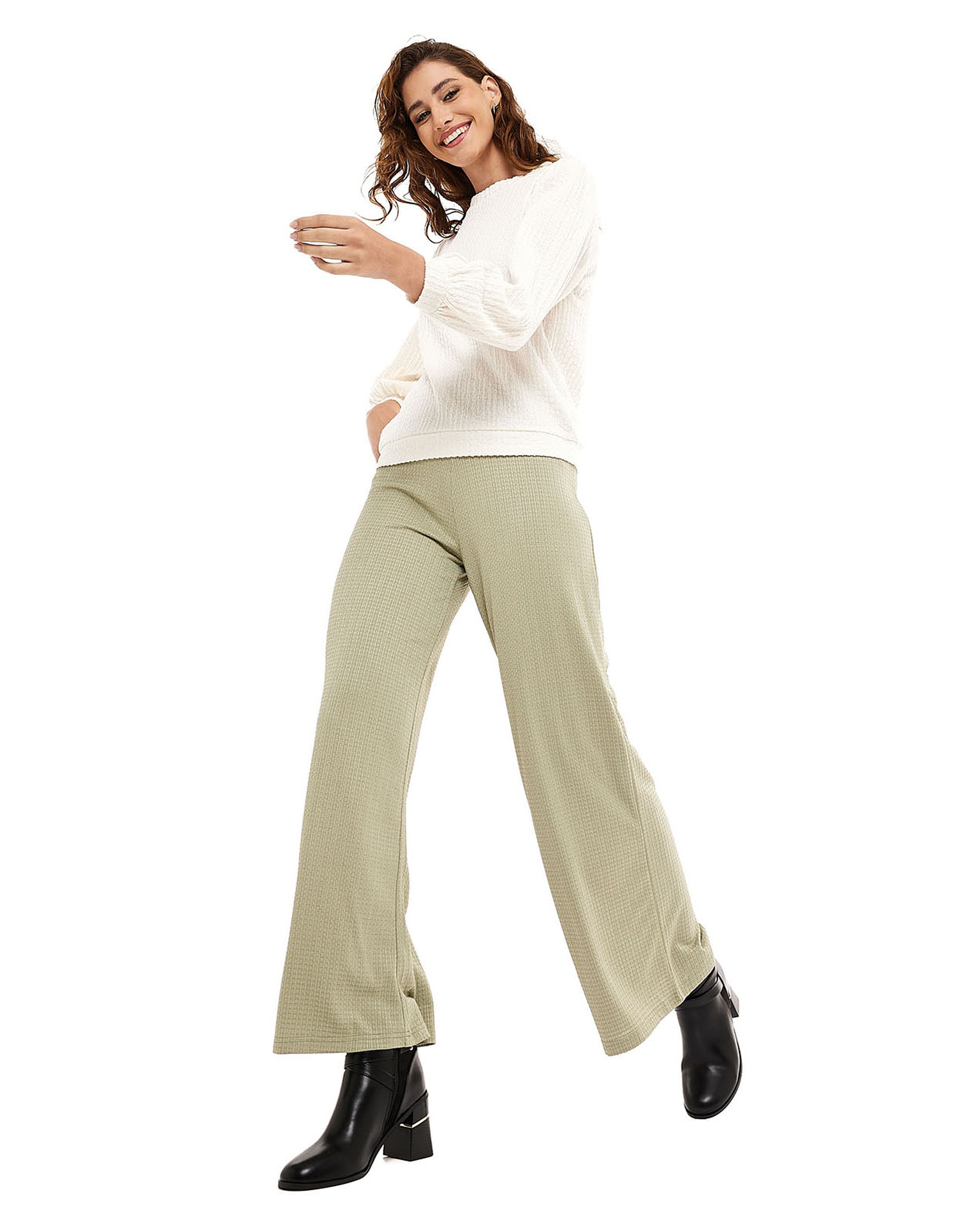 Textured Wide Leg Pants with Elastic Waist