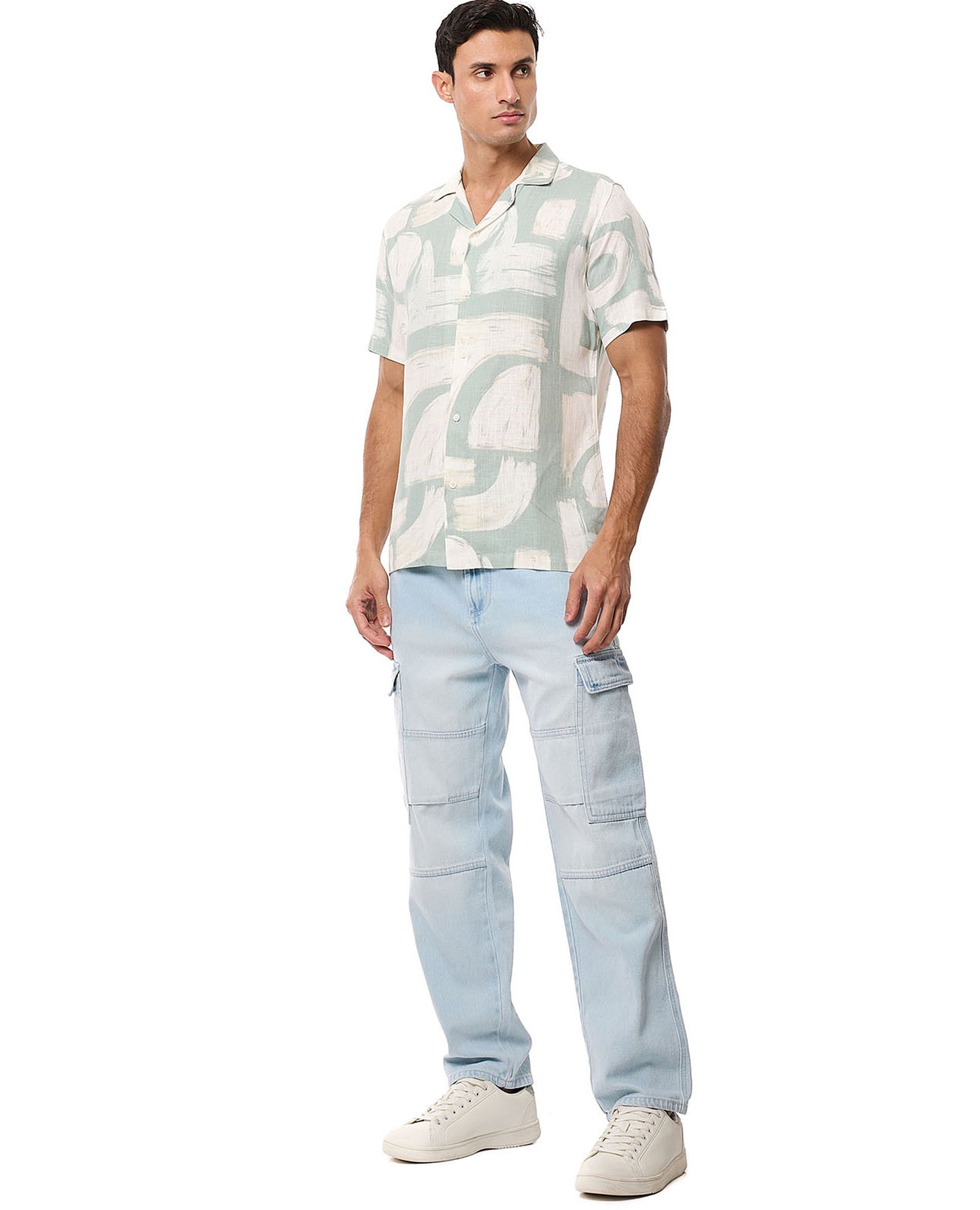 Faded Cargo Jeans with Button Closure