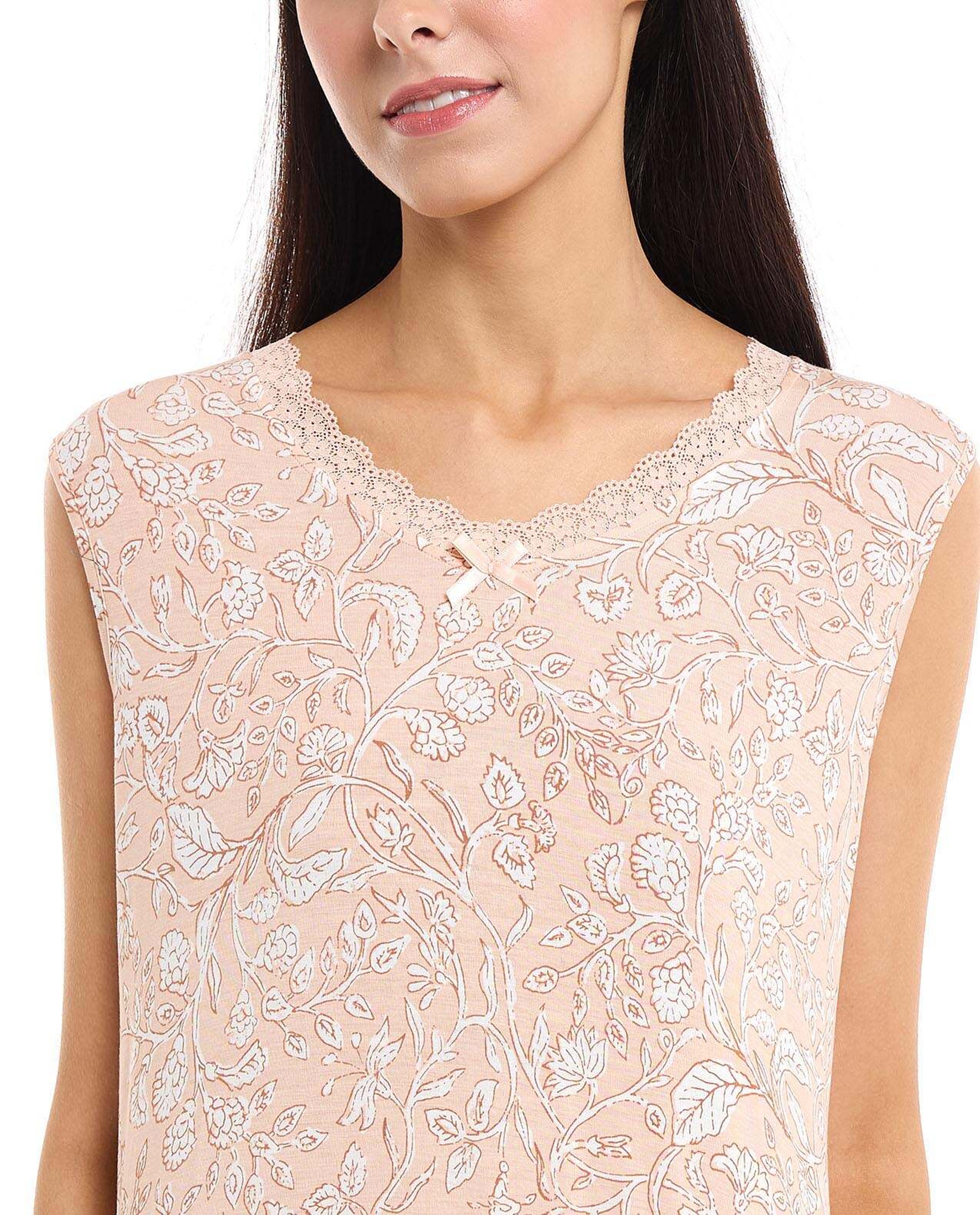 Printed Sleeveless Nightgown with V-Neck