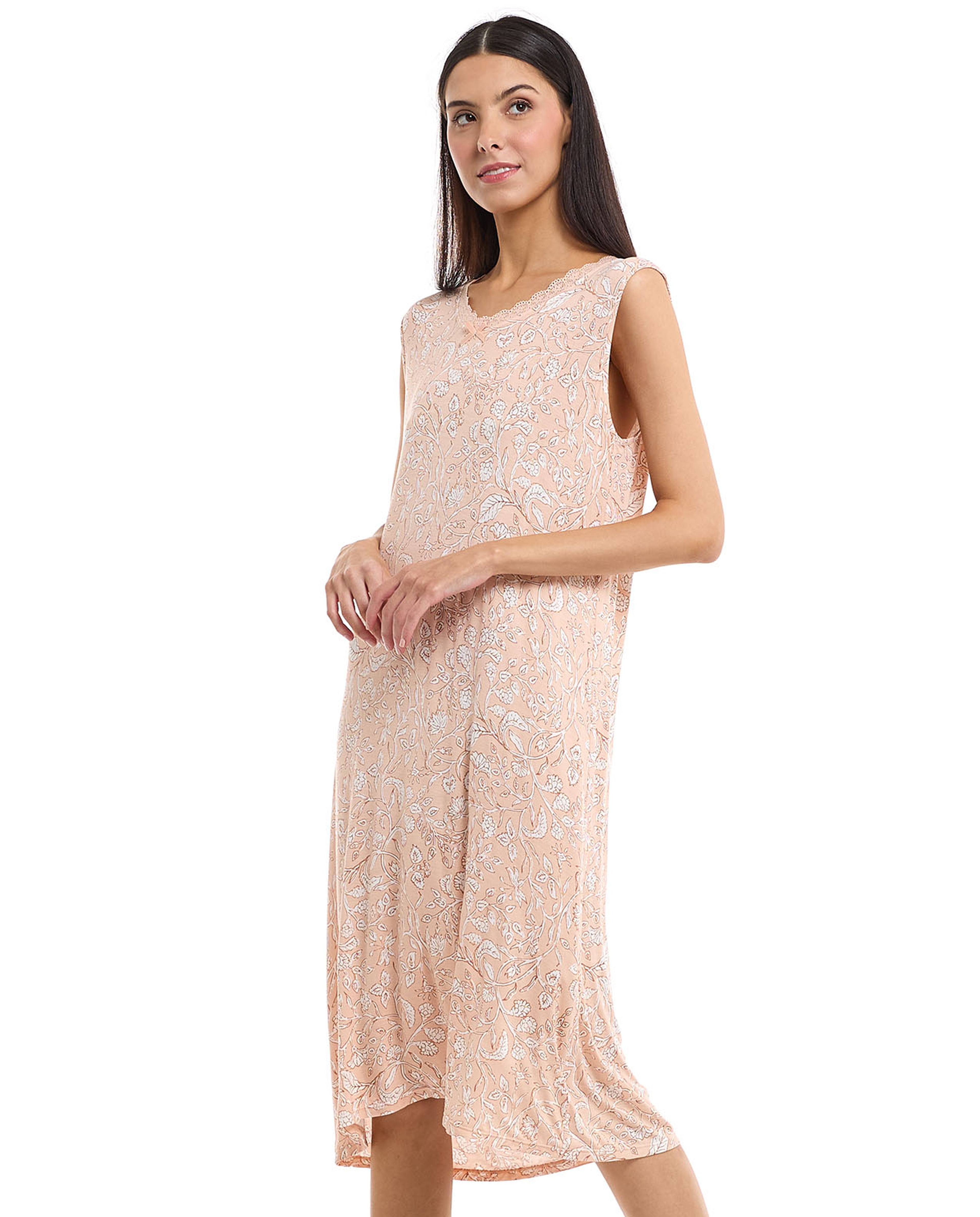 Printed Sleeveless Nightgown with V-Neck
