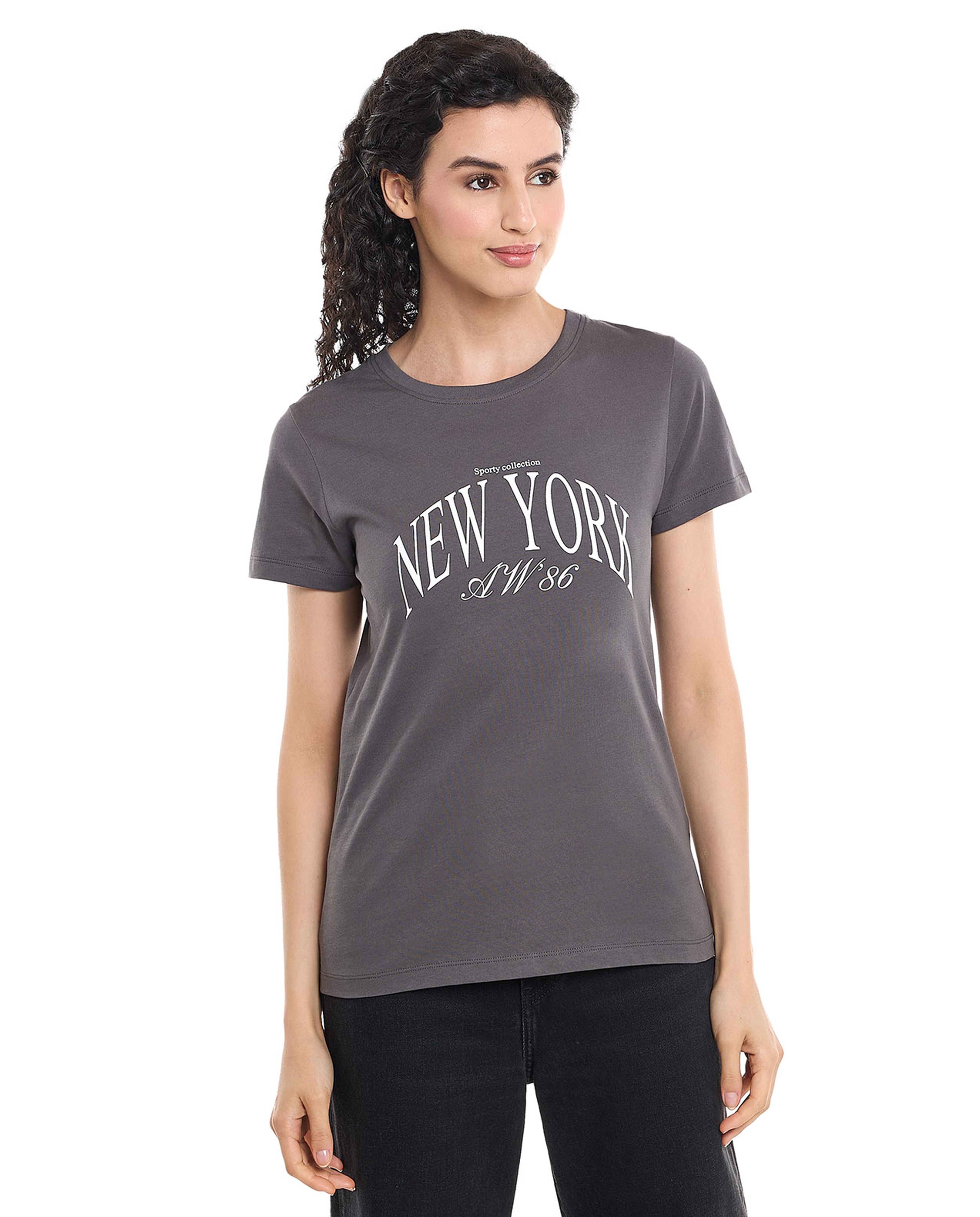 Typography Print T-Shirt with Crew Neck and Short Sleeves