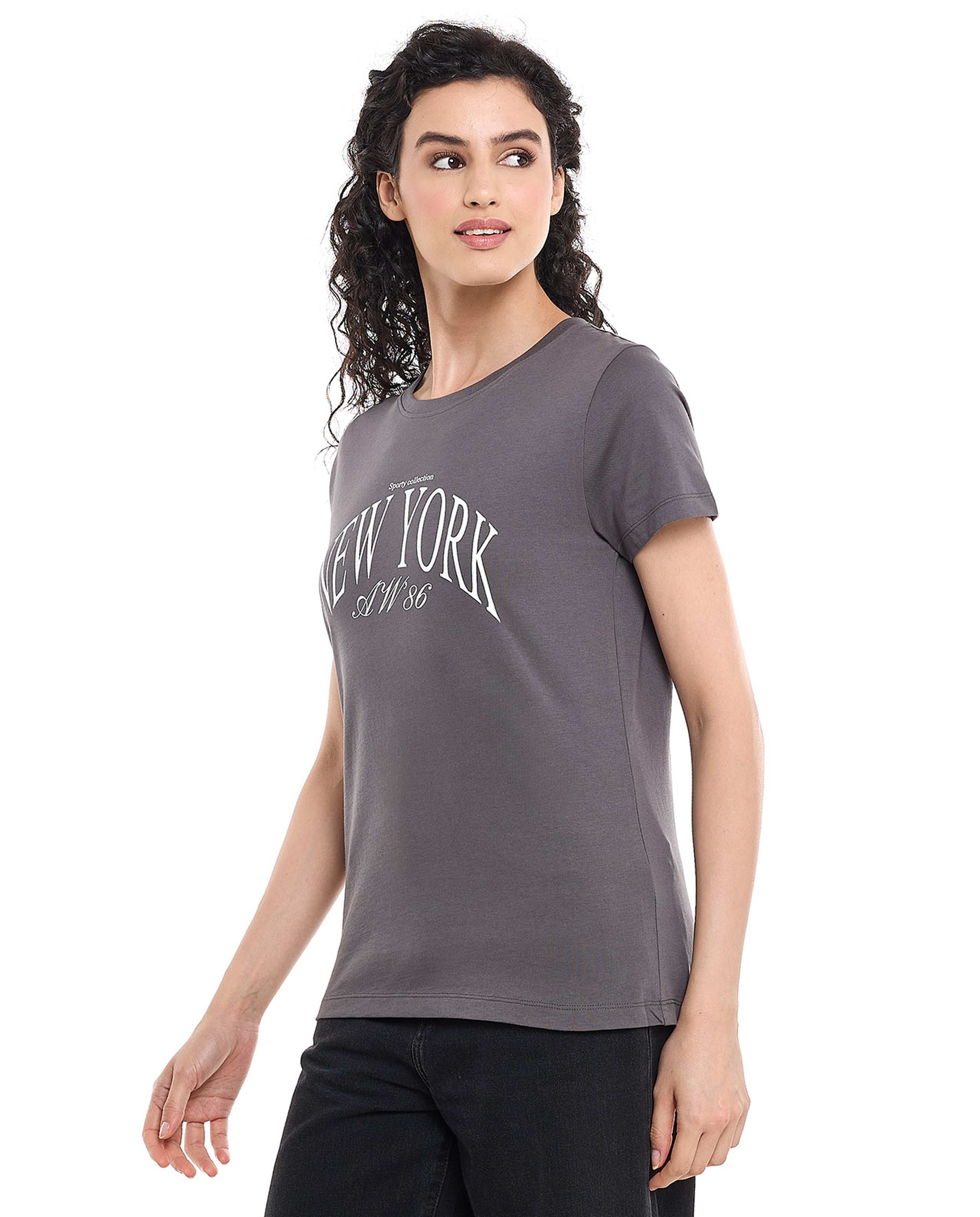 Typography Print T-Shirt with Crew Neck and Short Sleeves