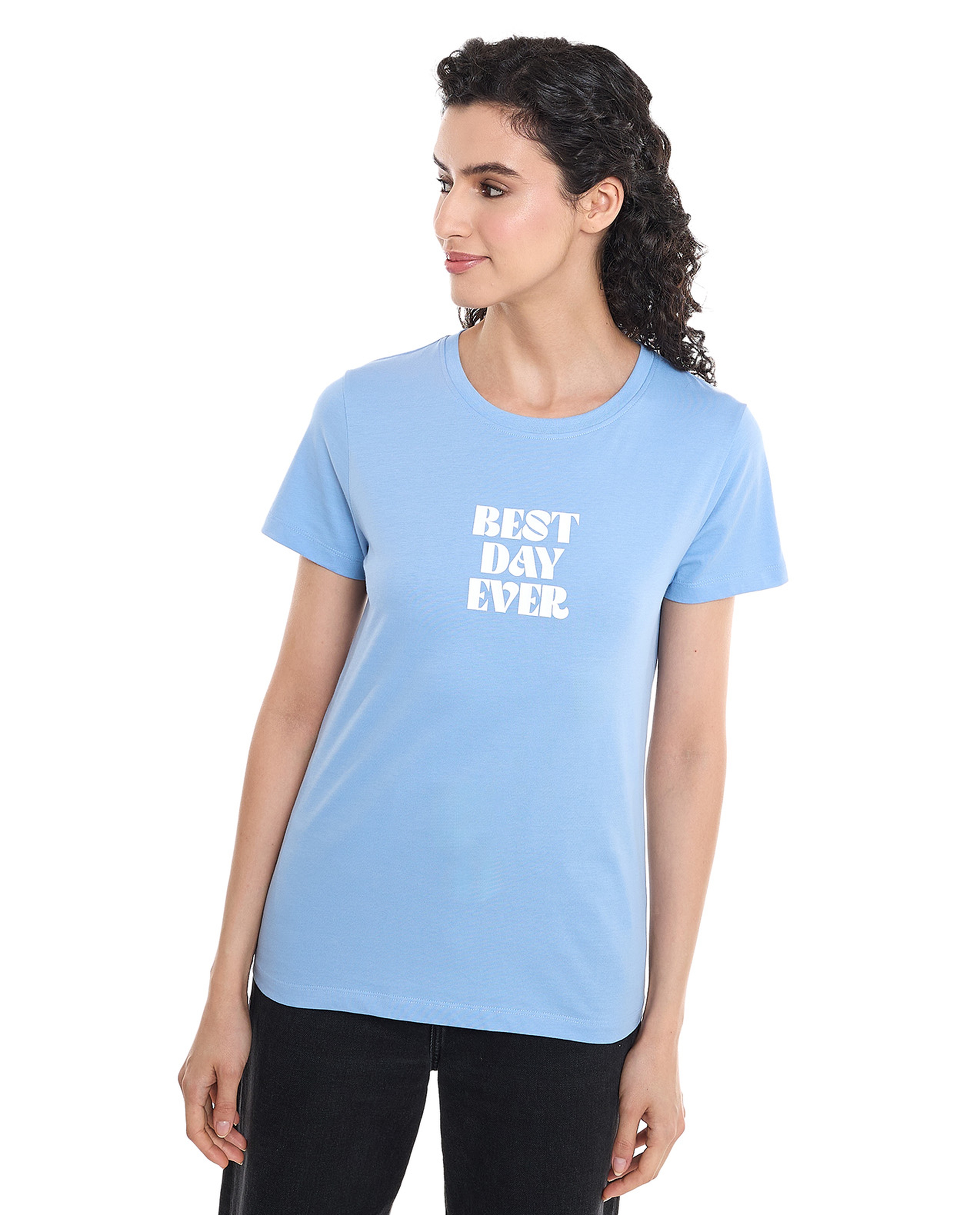 Typography Print T-Shirt with Crew Neck and Short Sleeves