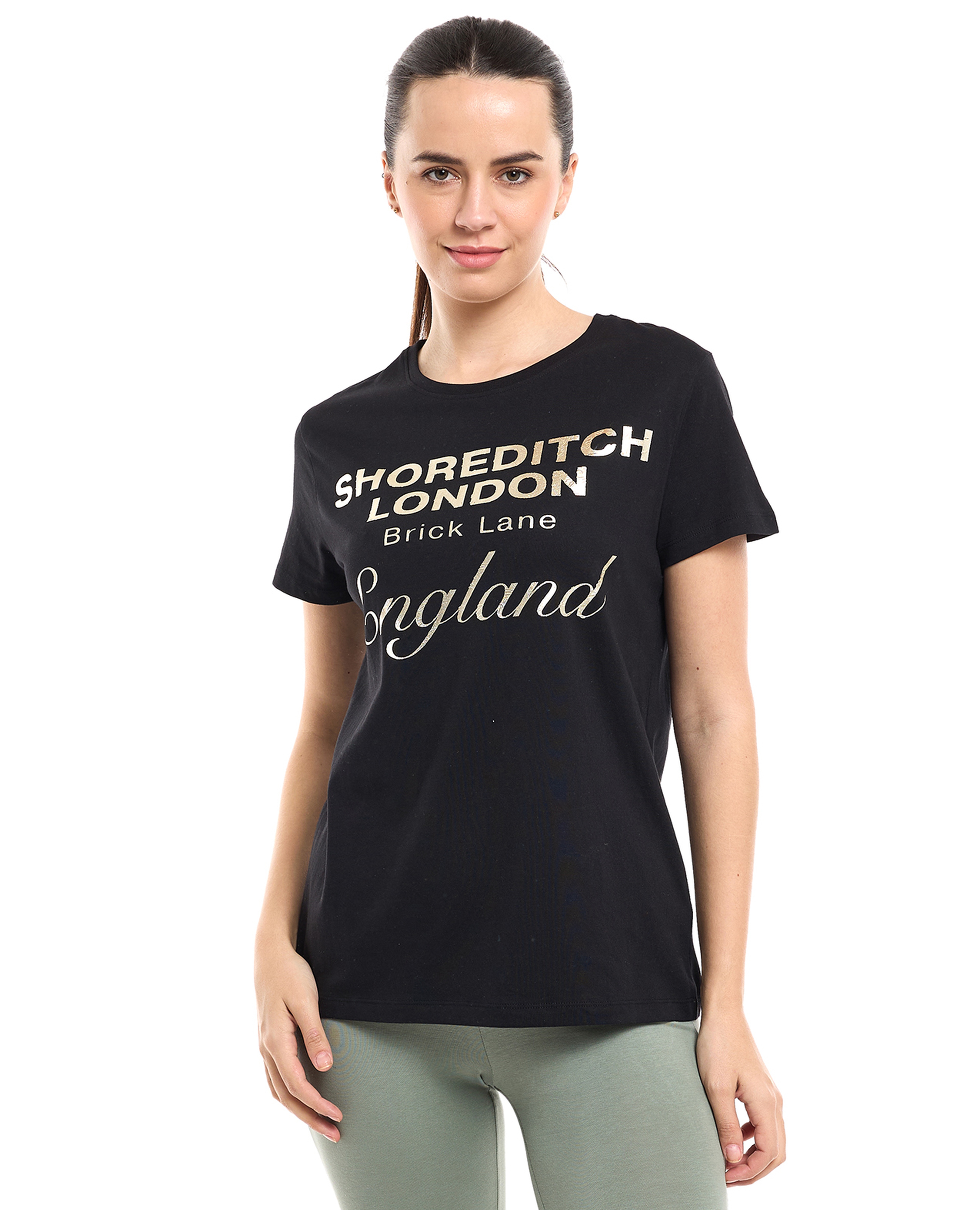 Typography Print T-Shirt with Crew Neck and Short Sleeves