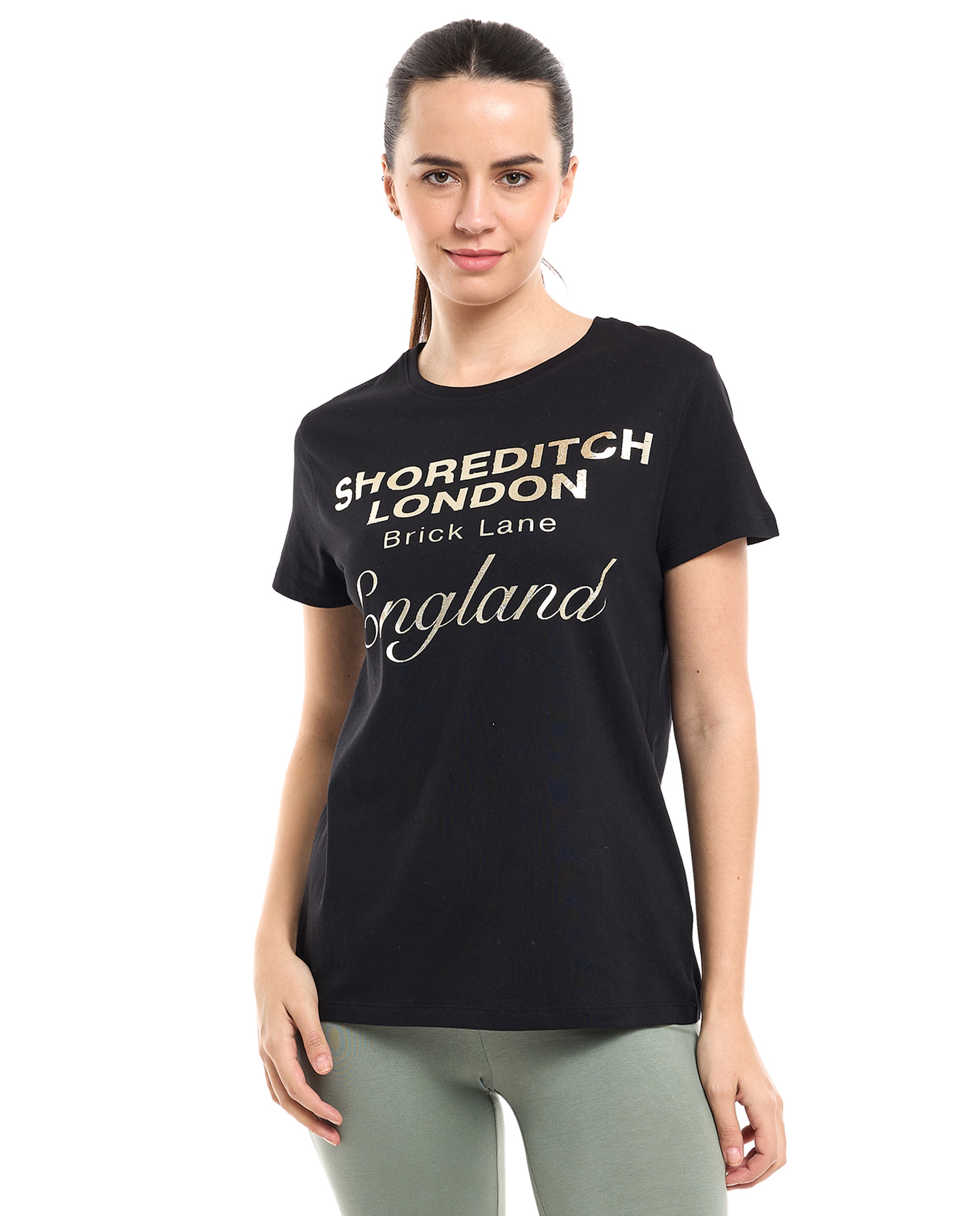 Typography Print T-Shirt with Crew Neck and Short Sleeves