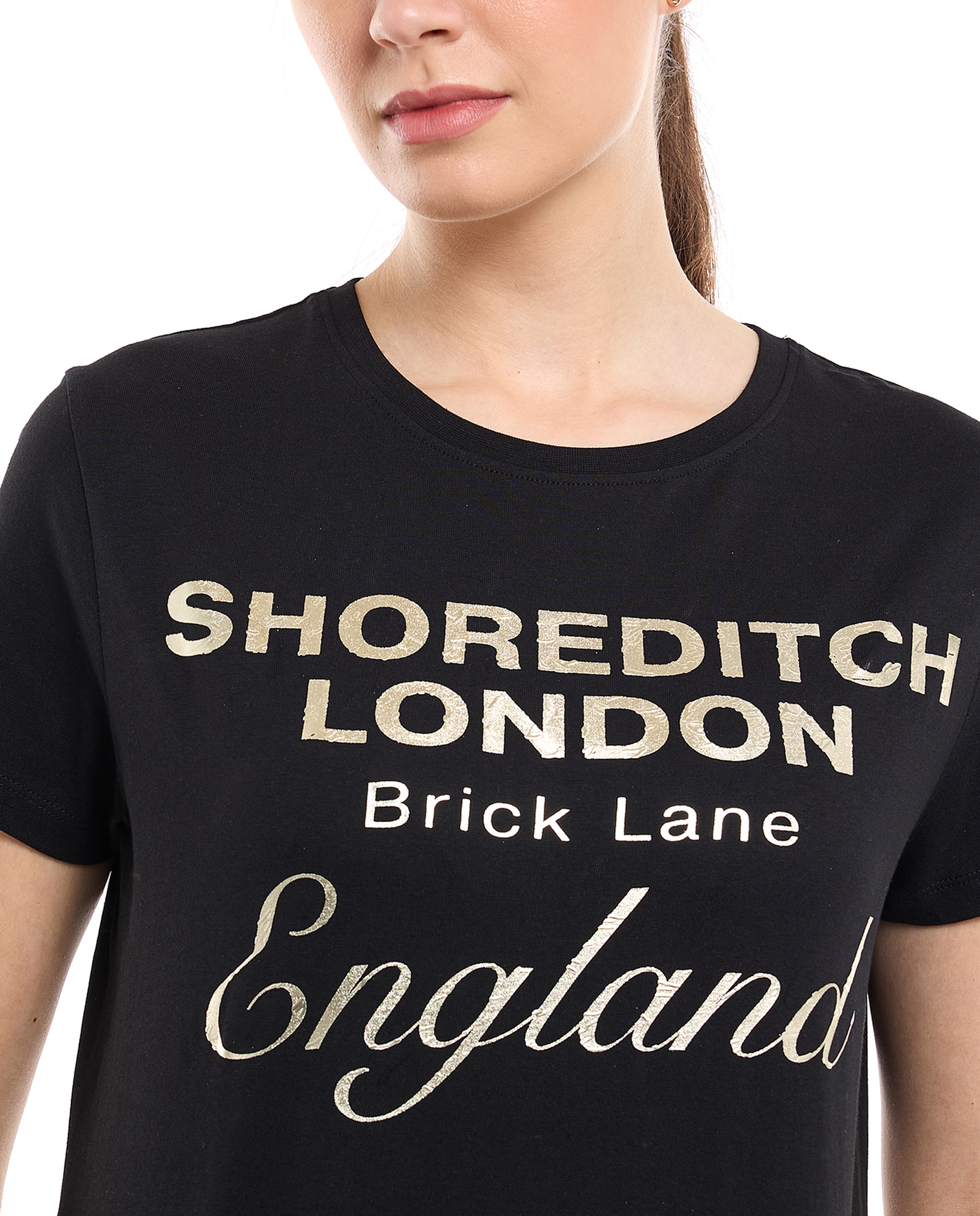 Typography Print T-Shirt with Crew Neck and Short Sleeves