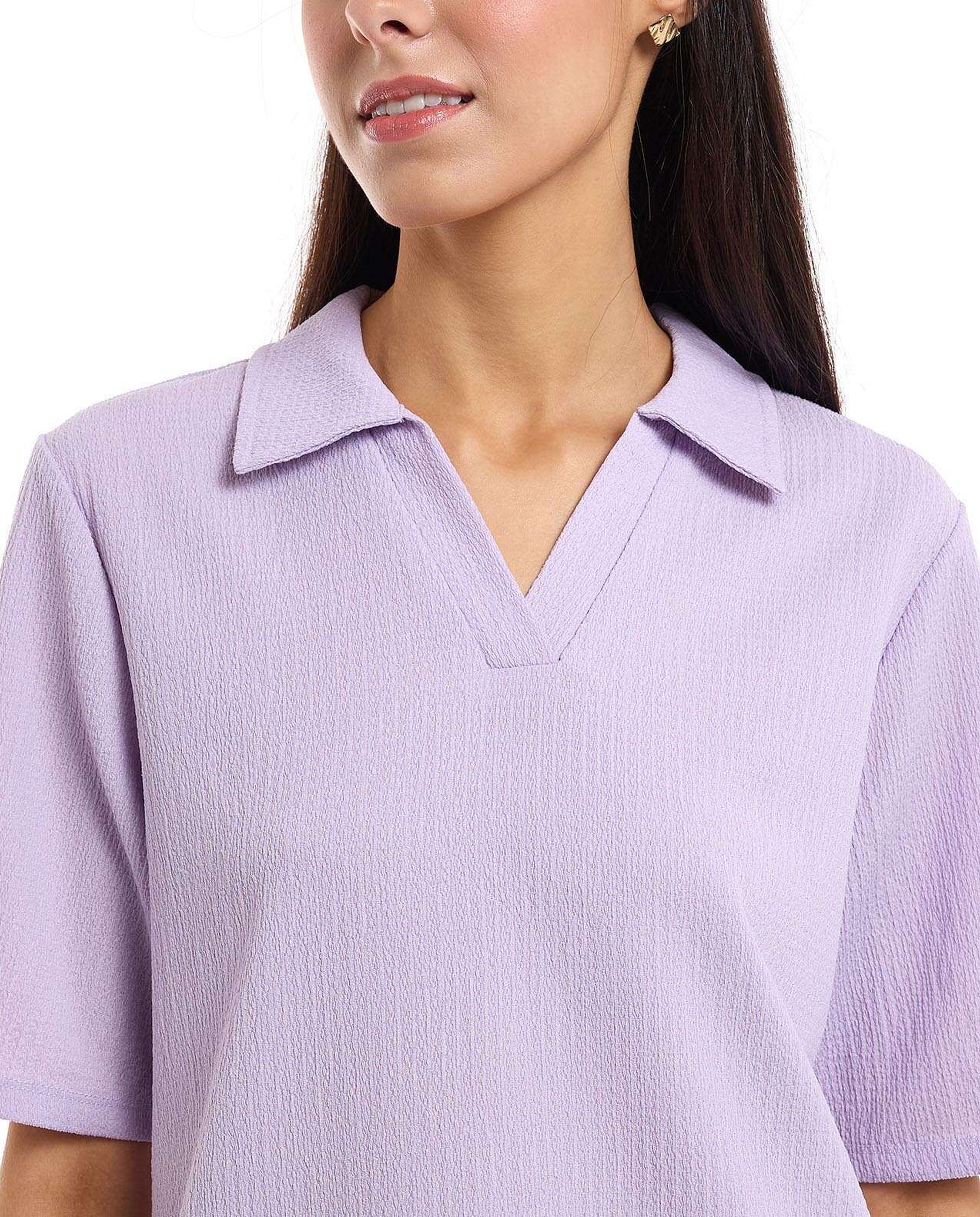 Textured Knit Shirt with Spread Collar and Short Sleeves