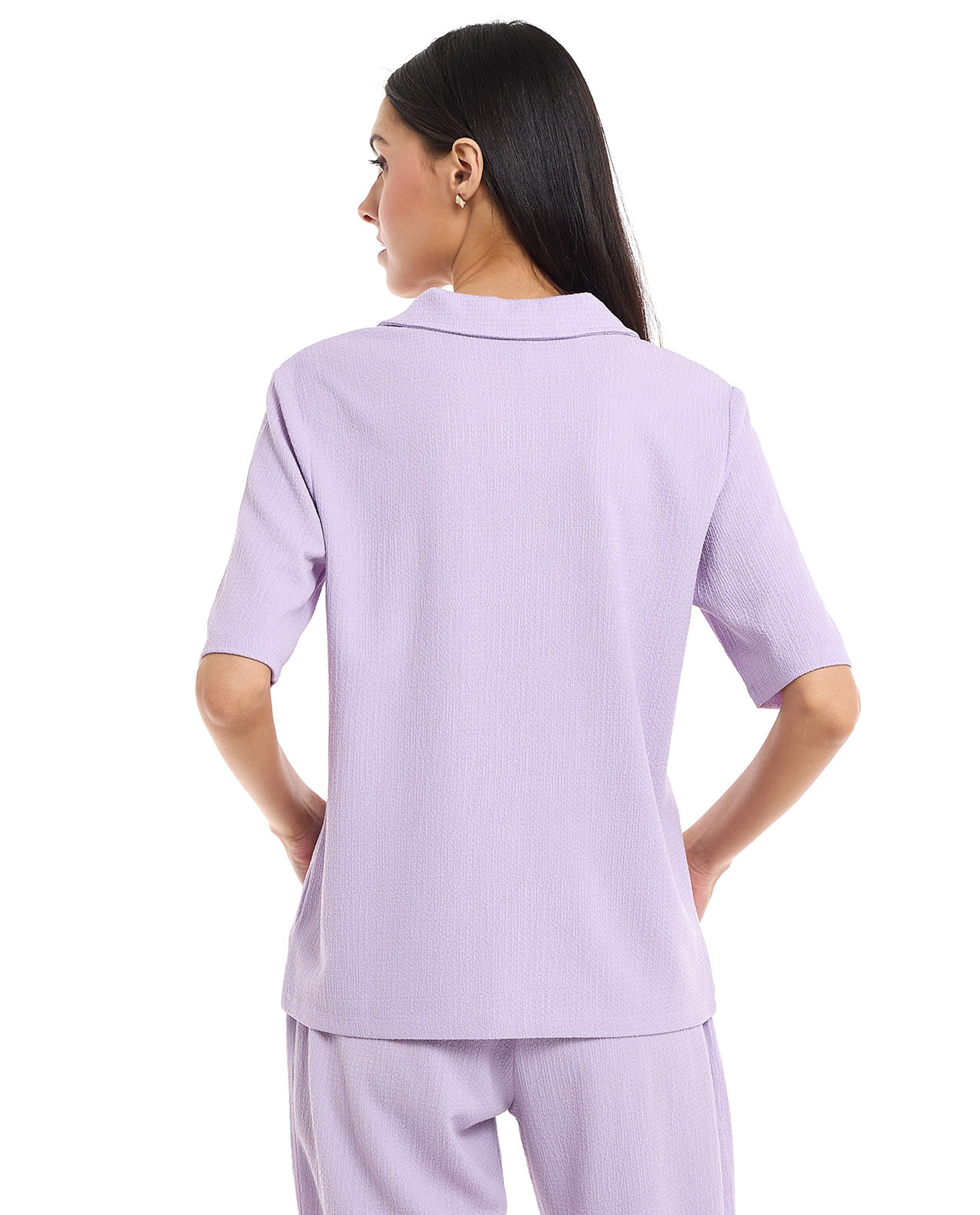 Textured Knit Shirt with Spread Collar and Short Sleeves