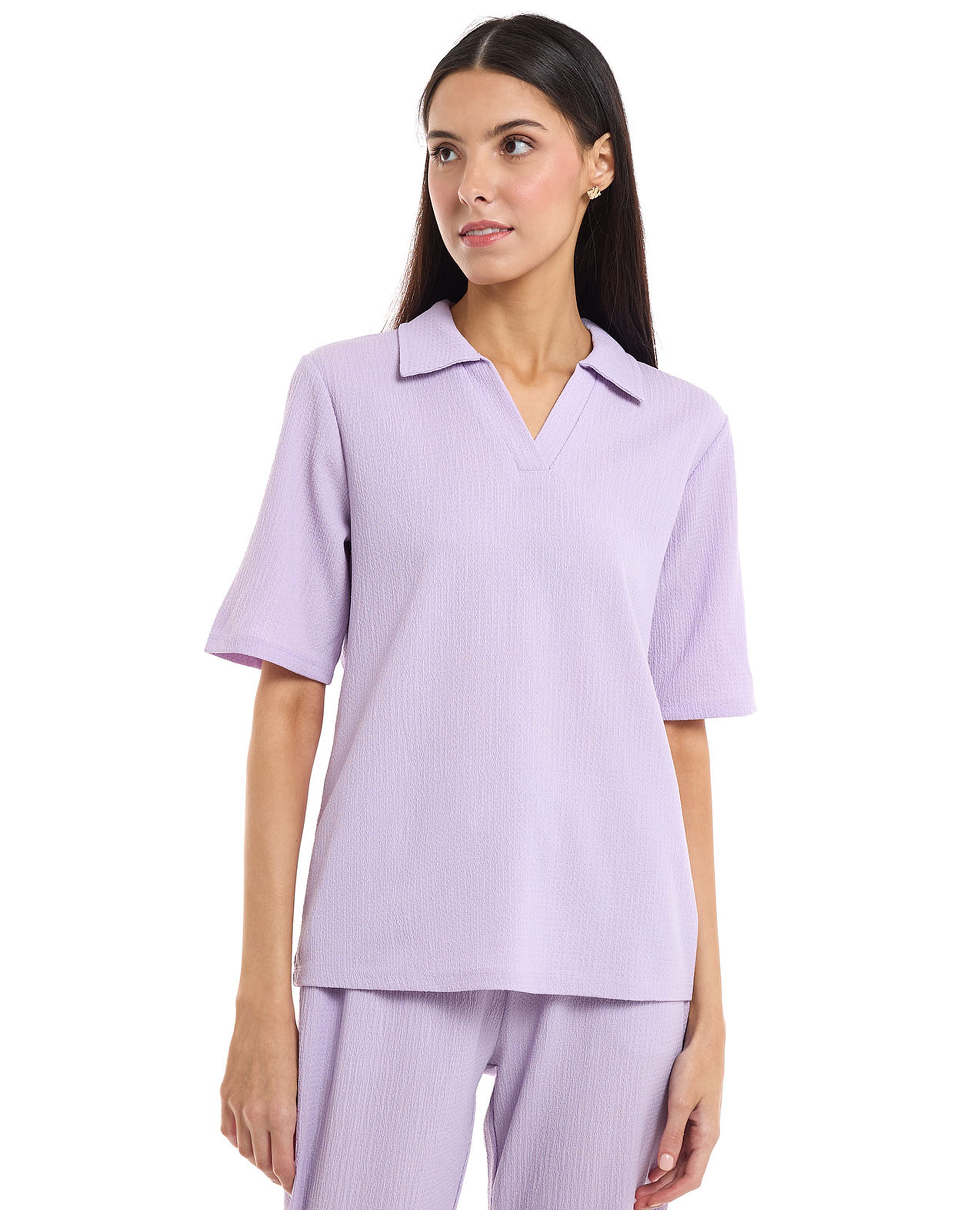 Textured Knit Shirt with Spread Collar and Short Sleeves