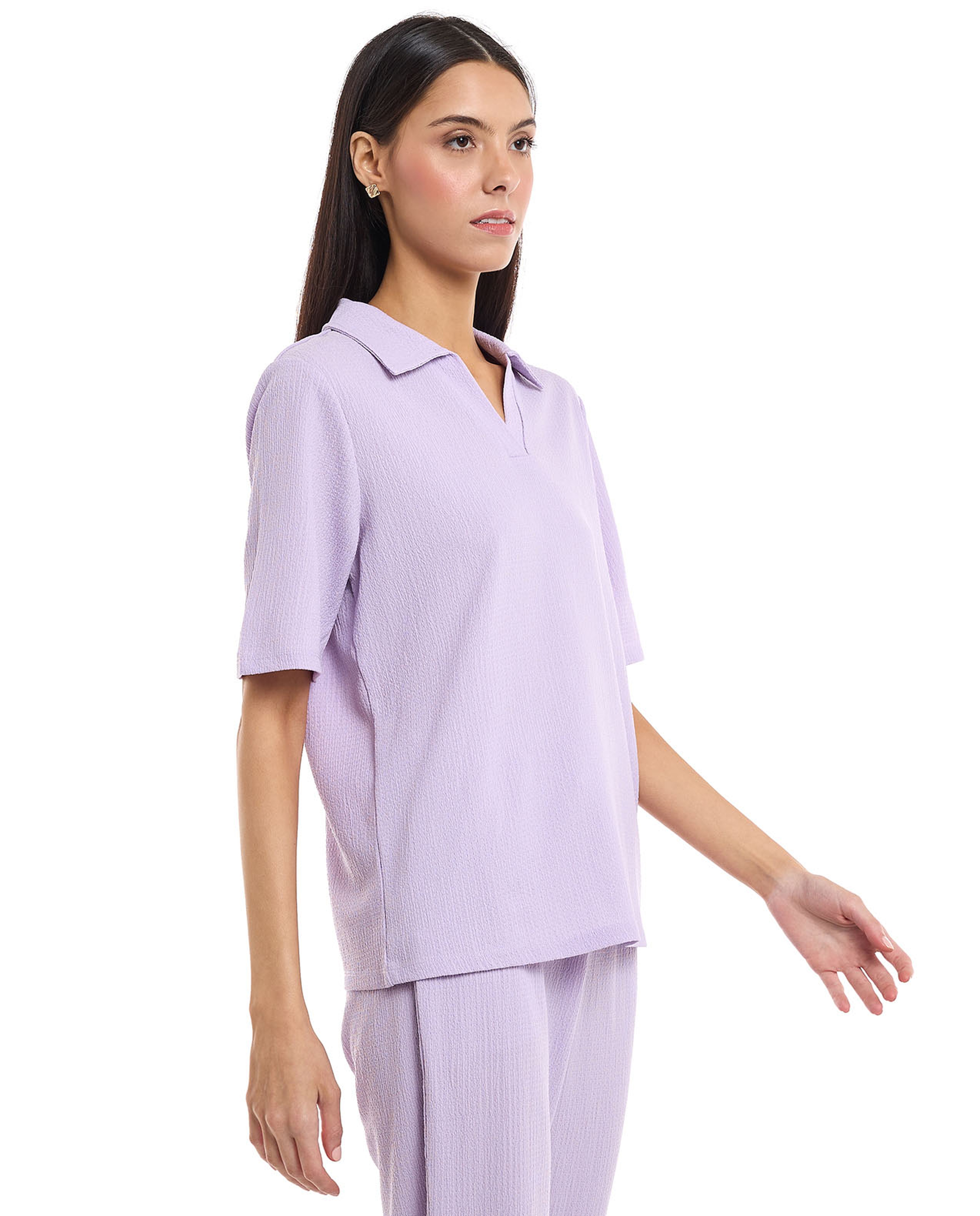 Textured Knit Shirt with Spread Collar and Short Sleeves