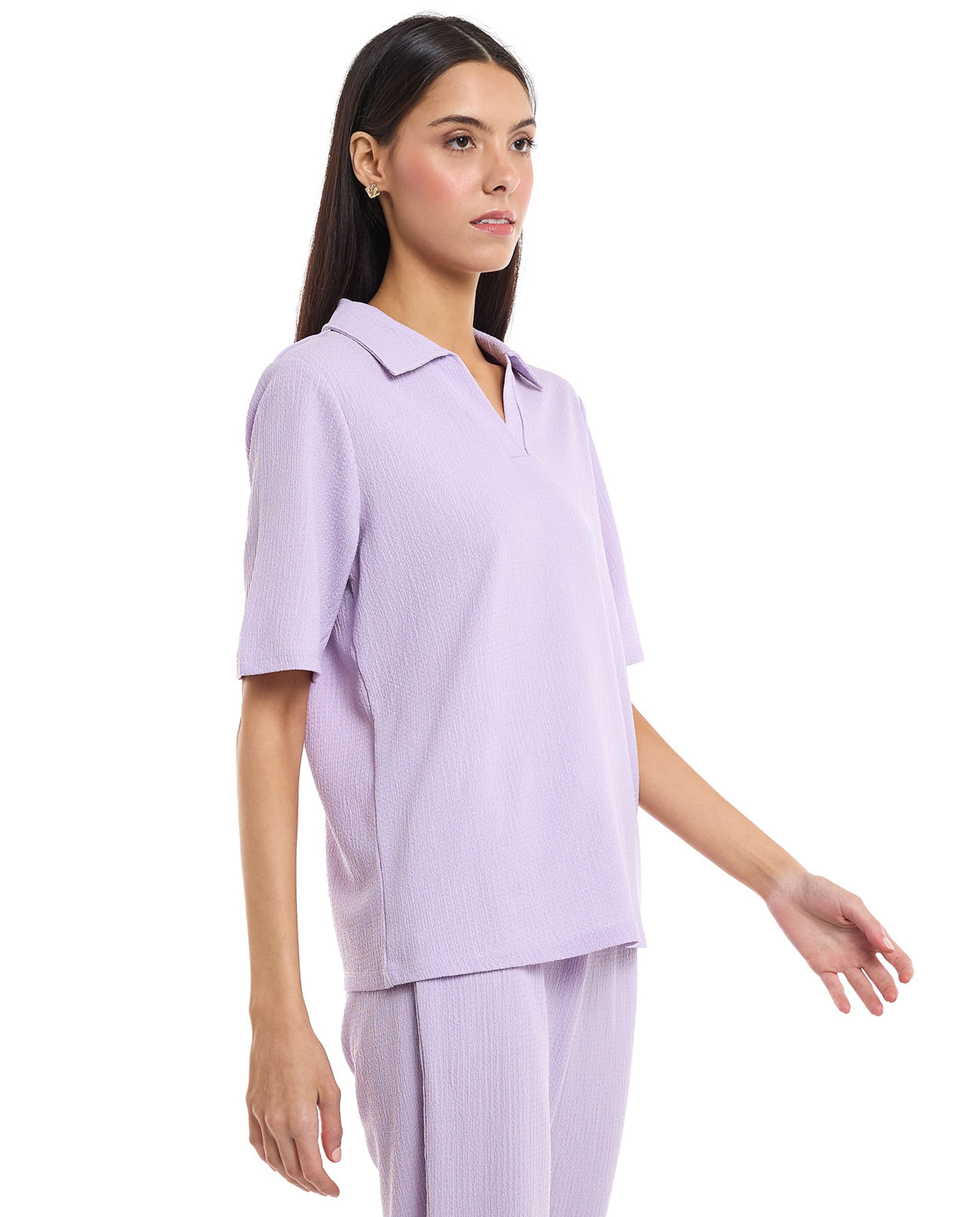 Textured Knit Shirt with Spread Collar and Short Sleeves