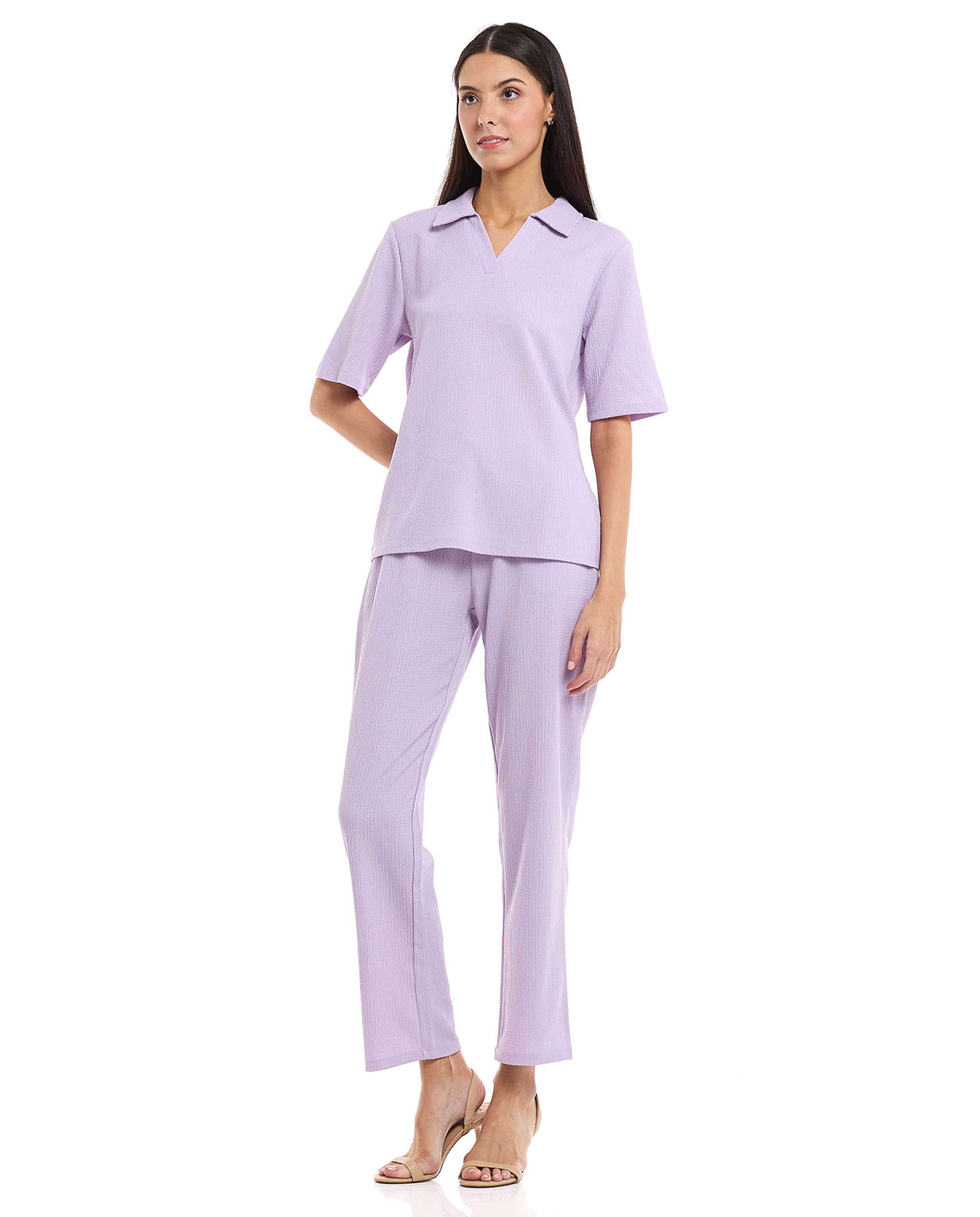 Textured Knit Shirt with Spread Collar and Short Sleeves