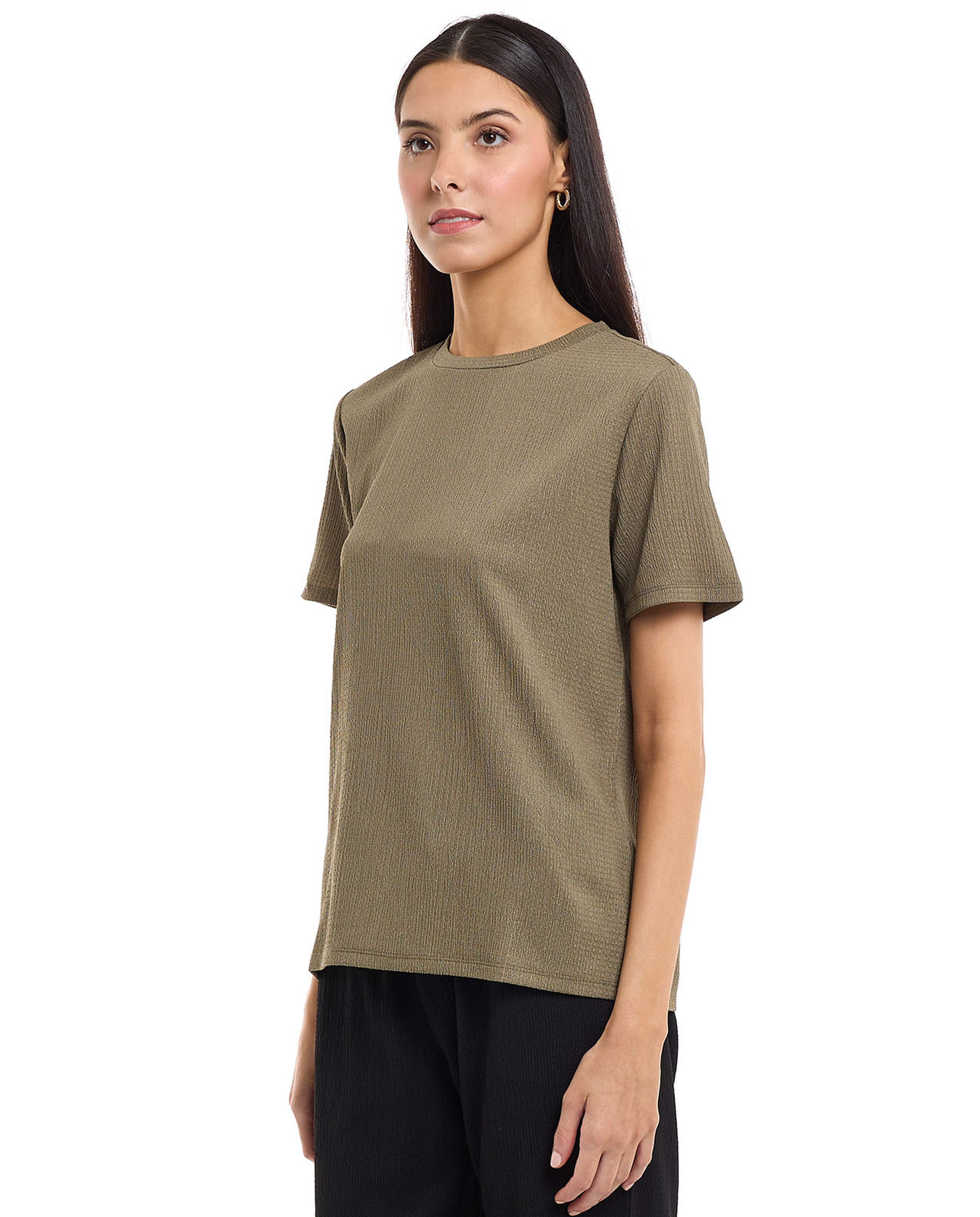 Textured Knit Top with Crew Neck and Short Sleeves