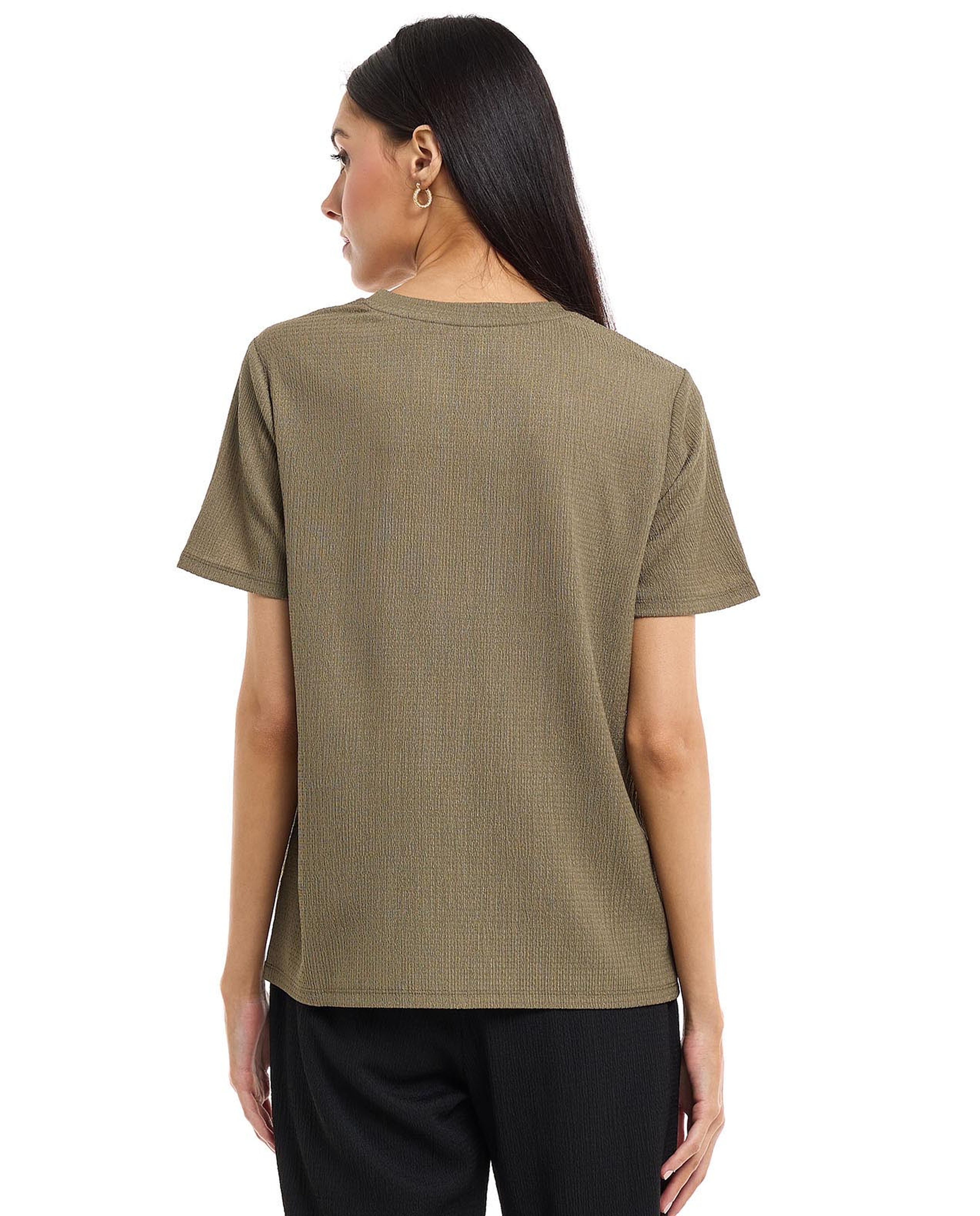 Textured Knit Top with Crew Neck and Short Sleeves