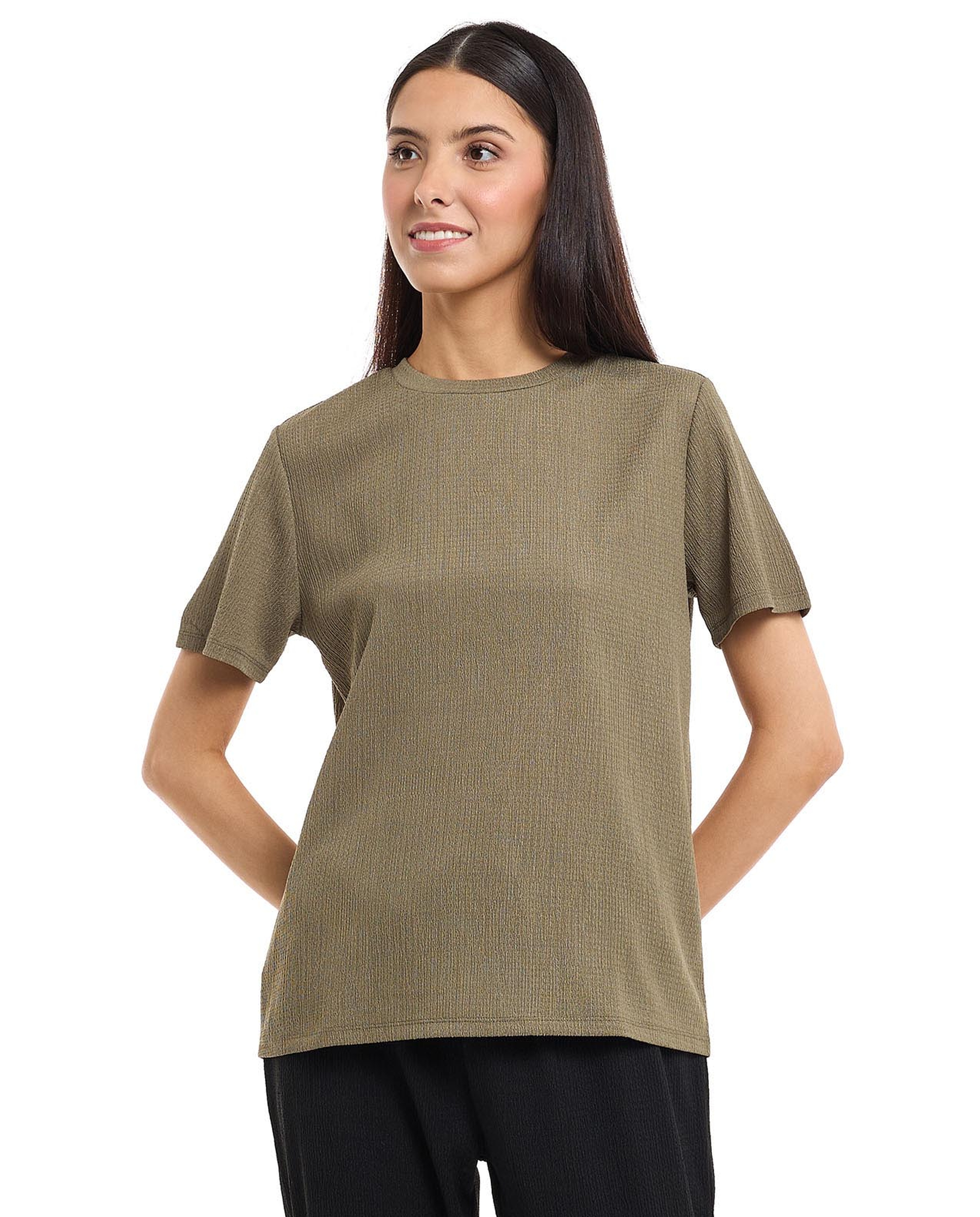 Textured Knit Top with Crew Neck and Short Sleeves