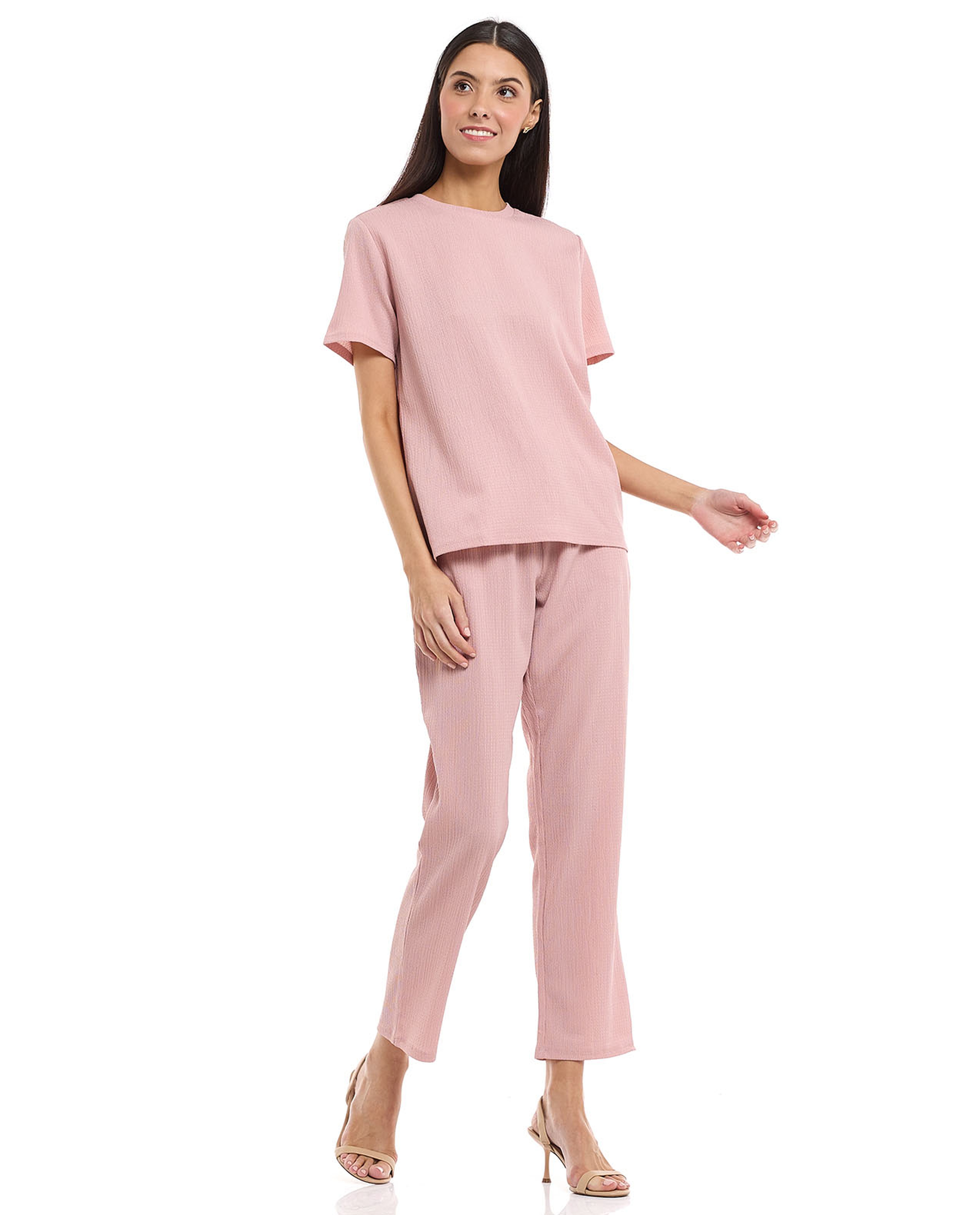 Textured Knit Top with Crew Neck and Short Sleeves