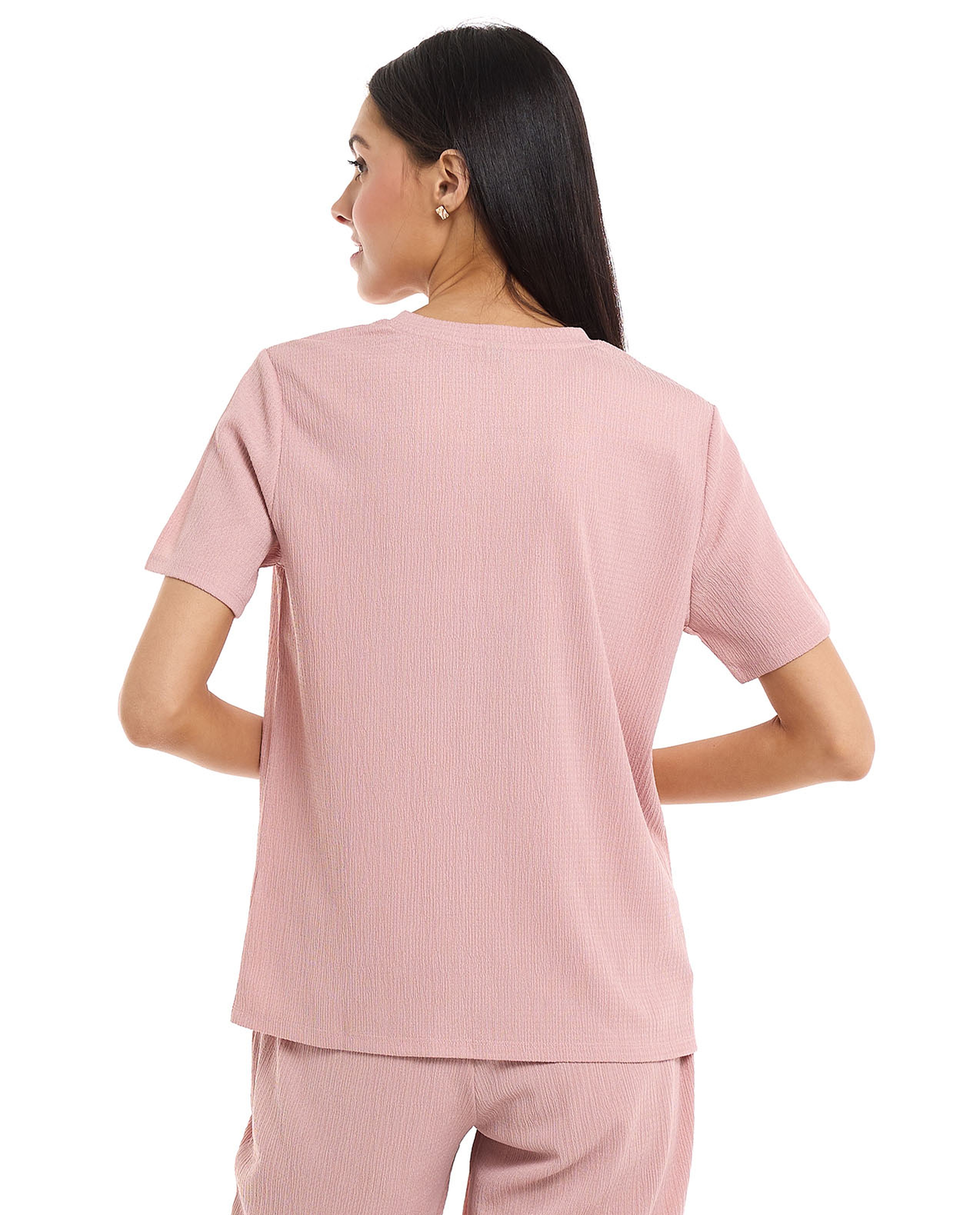 Textured Knit Top with Crew Neck and Short Sleeves