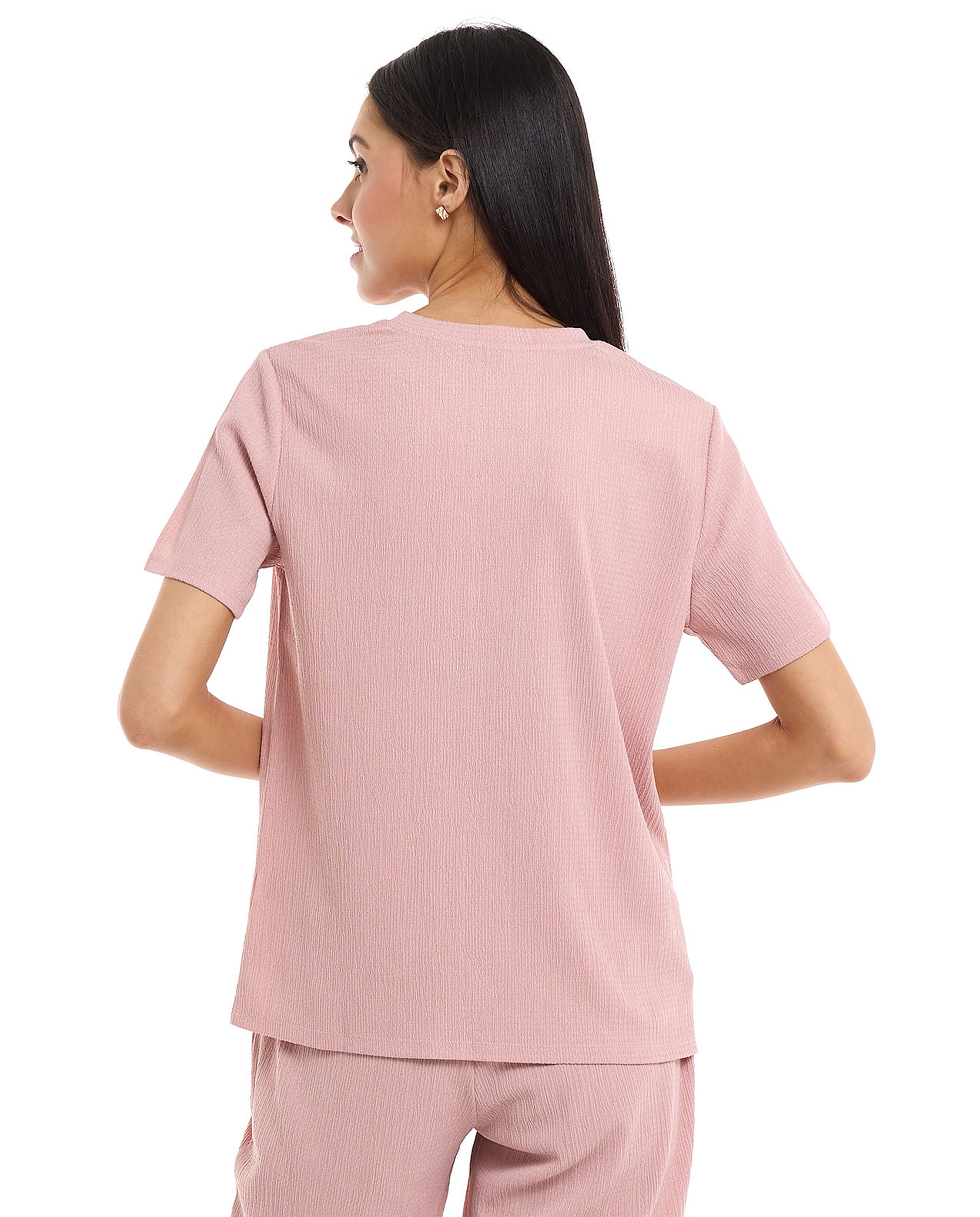 Textured Knit Top with Crew Neck and Short Sleeves