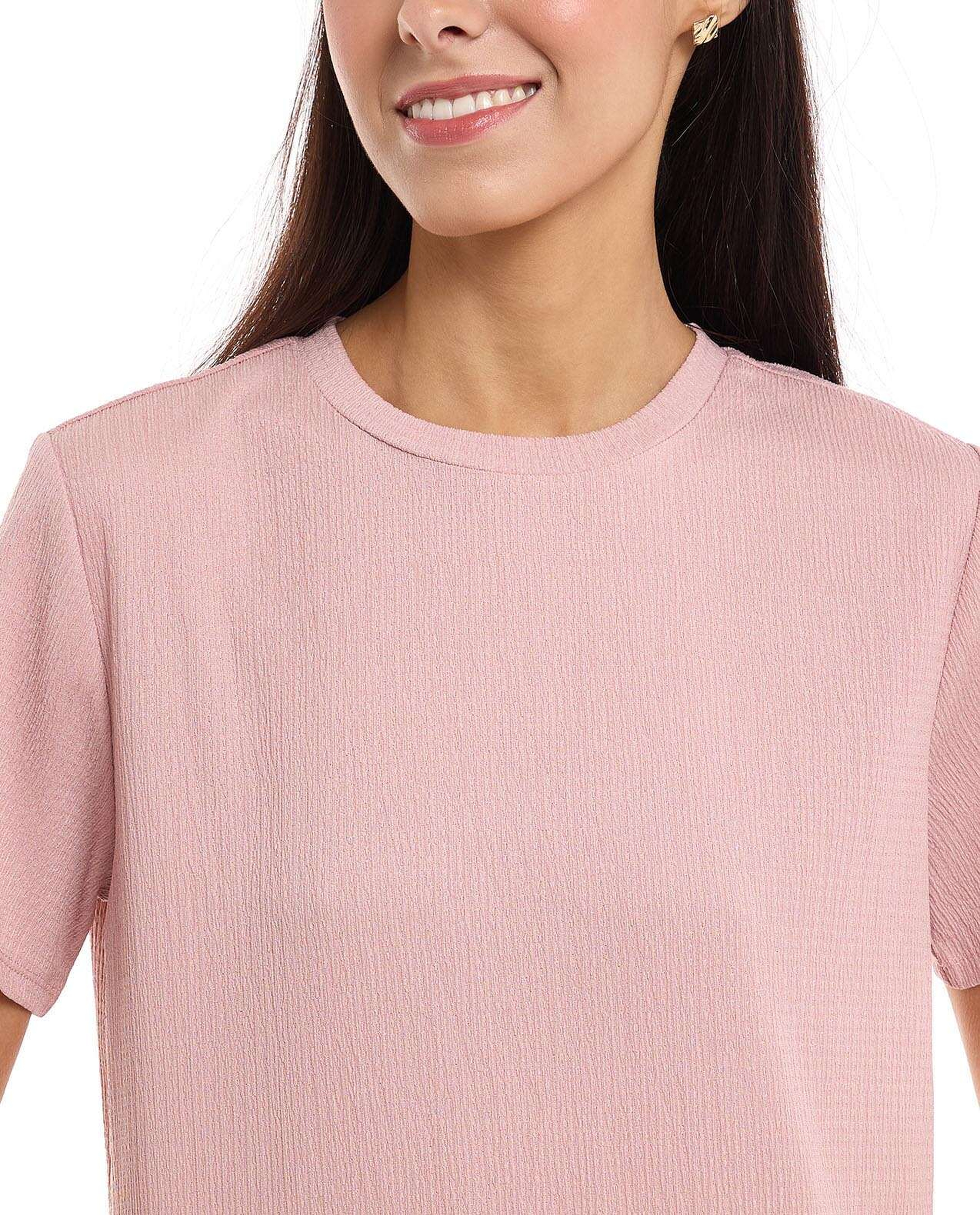 Textured Knit Top with Crew Neck and Short Sleeves