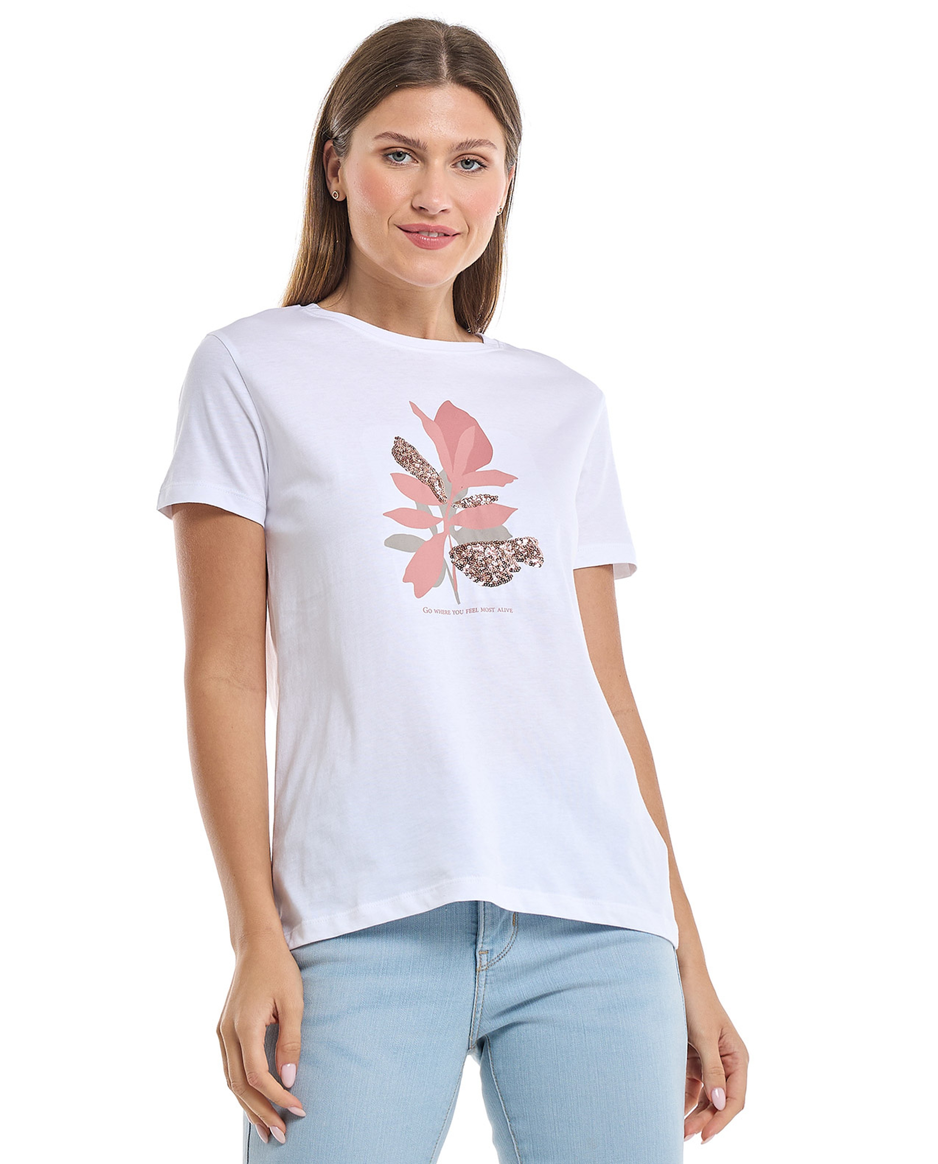 Graphic Print T-Shirt with Crew Neck and Short Sleeves