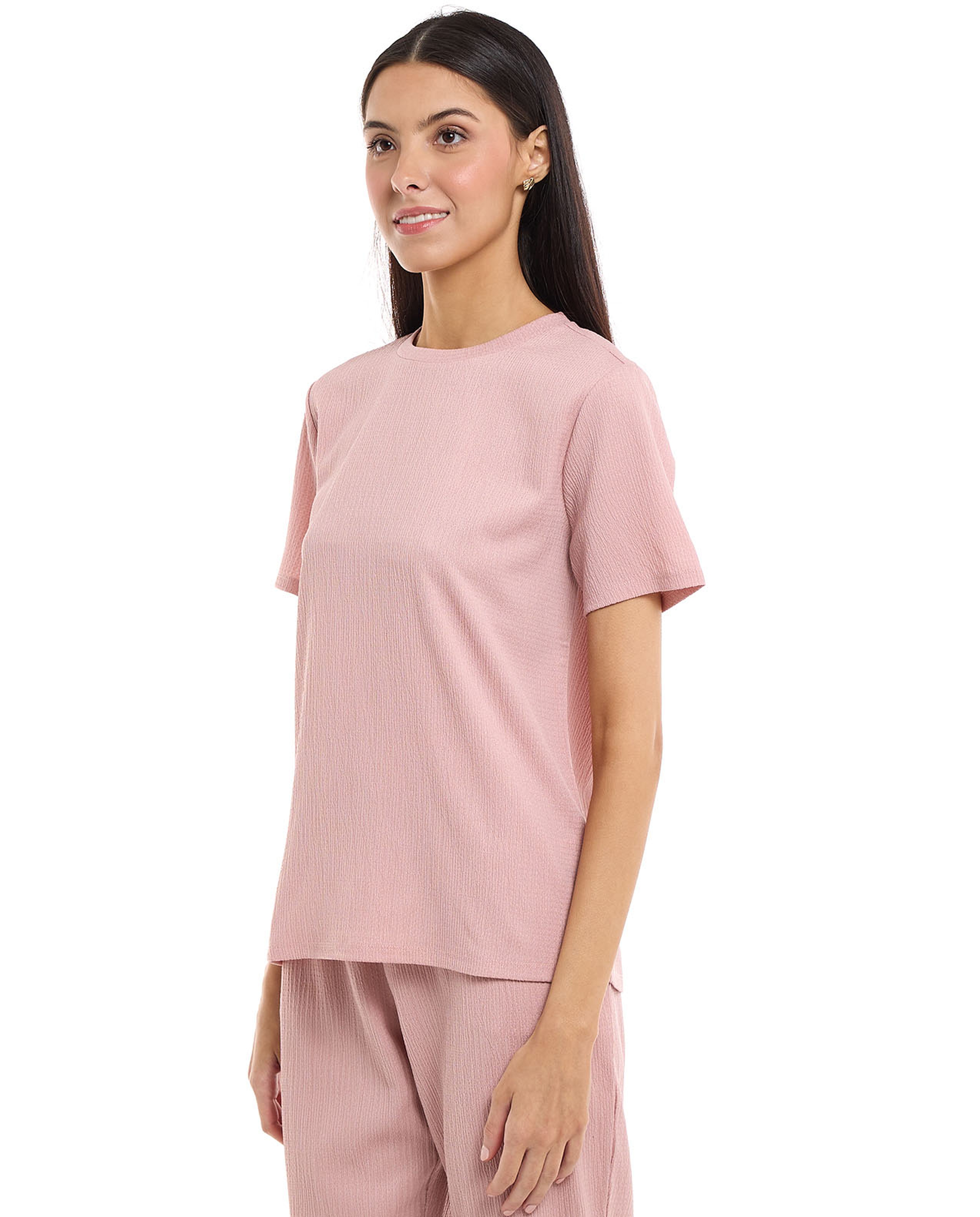 Textured Knit Top with Crew Neck and Short Sleeves