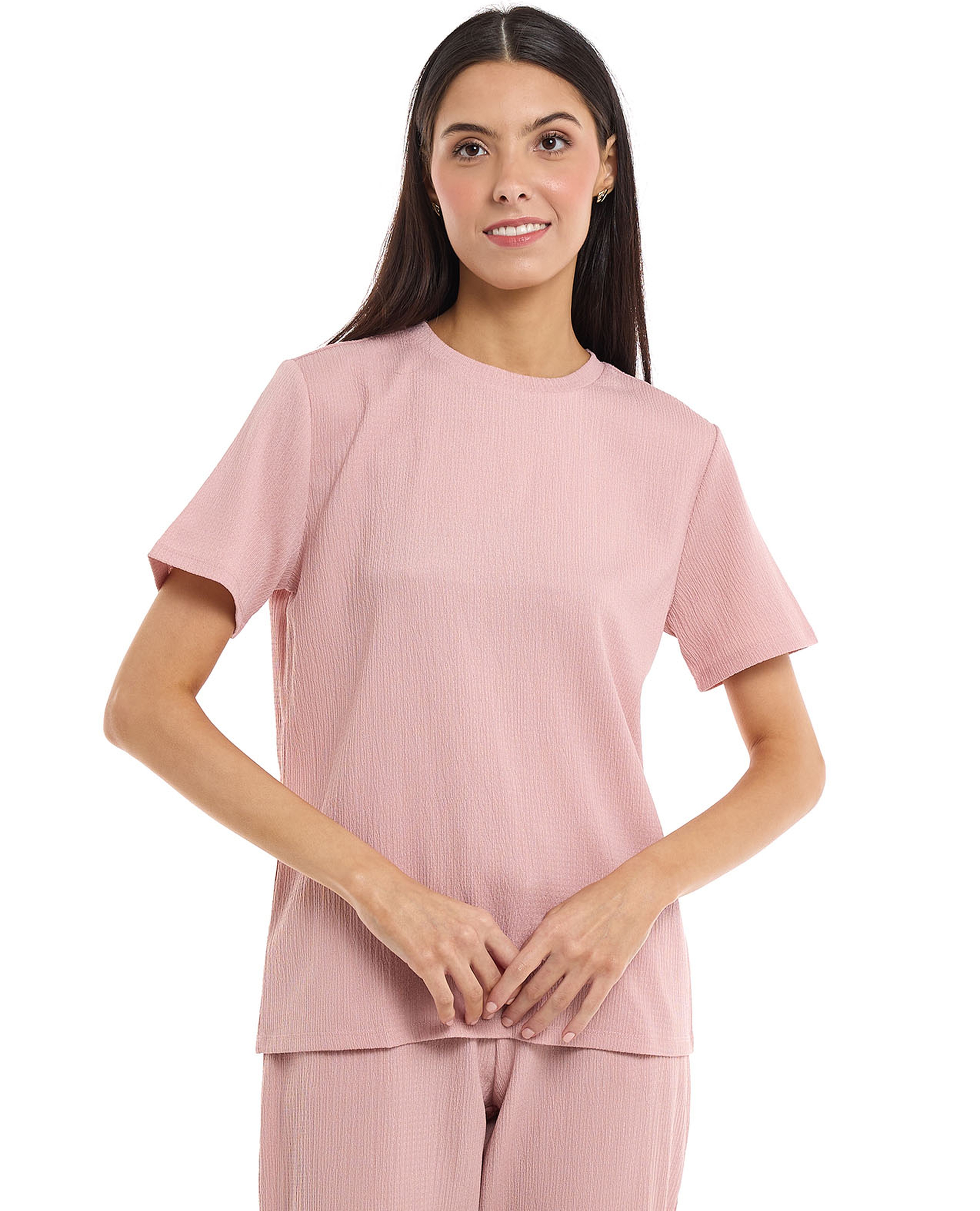 Textured Knit Top with Crew Neck and Short Sleeves