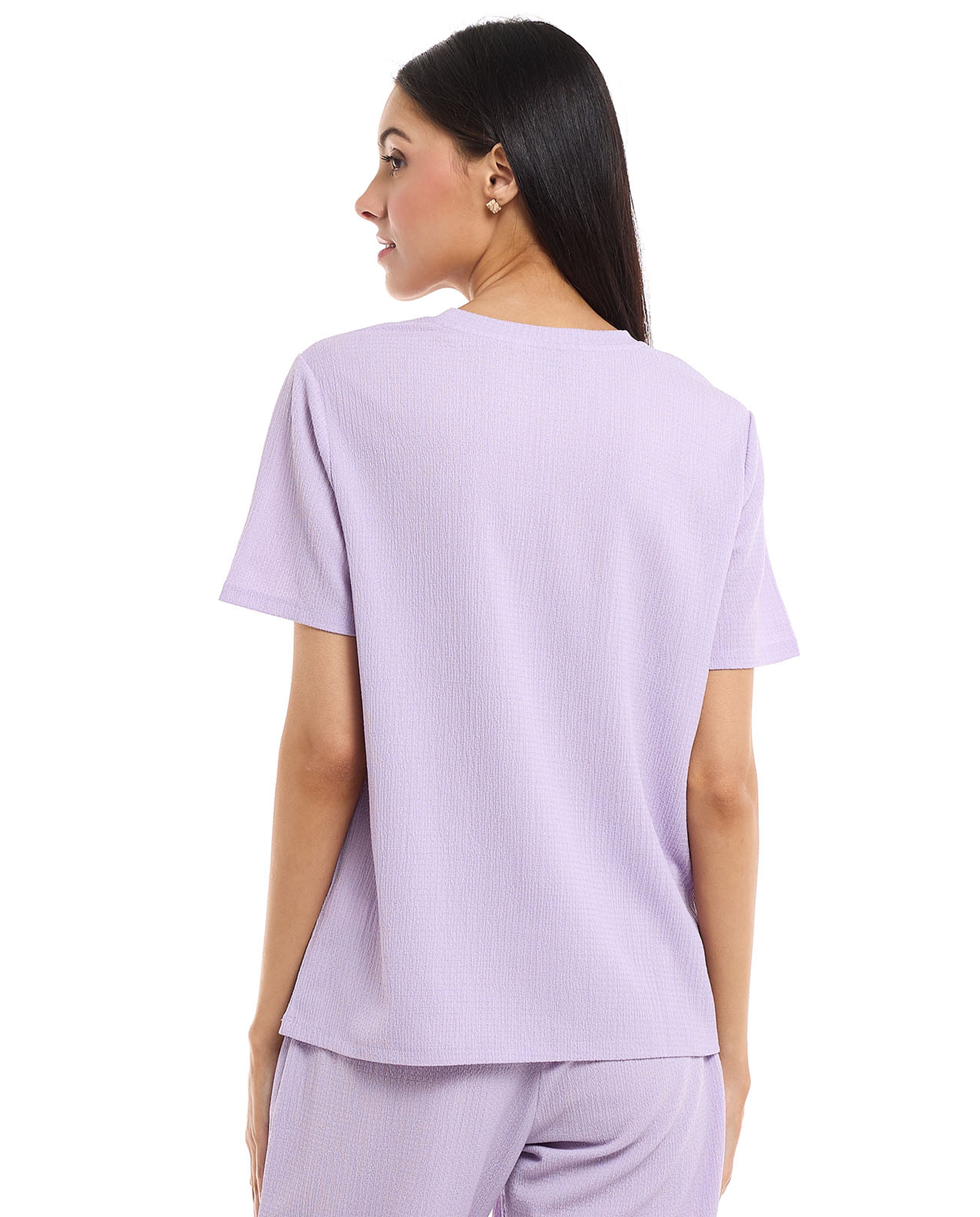 Textured Knit Top with Crew Neck and Short Sleeves