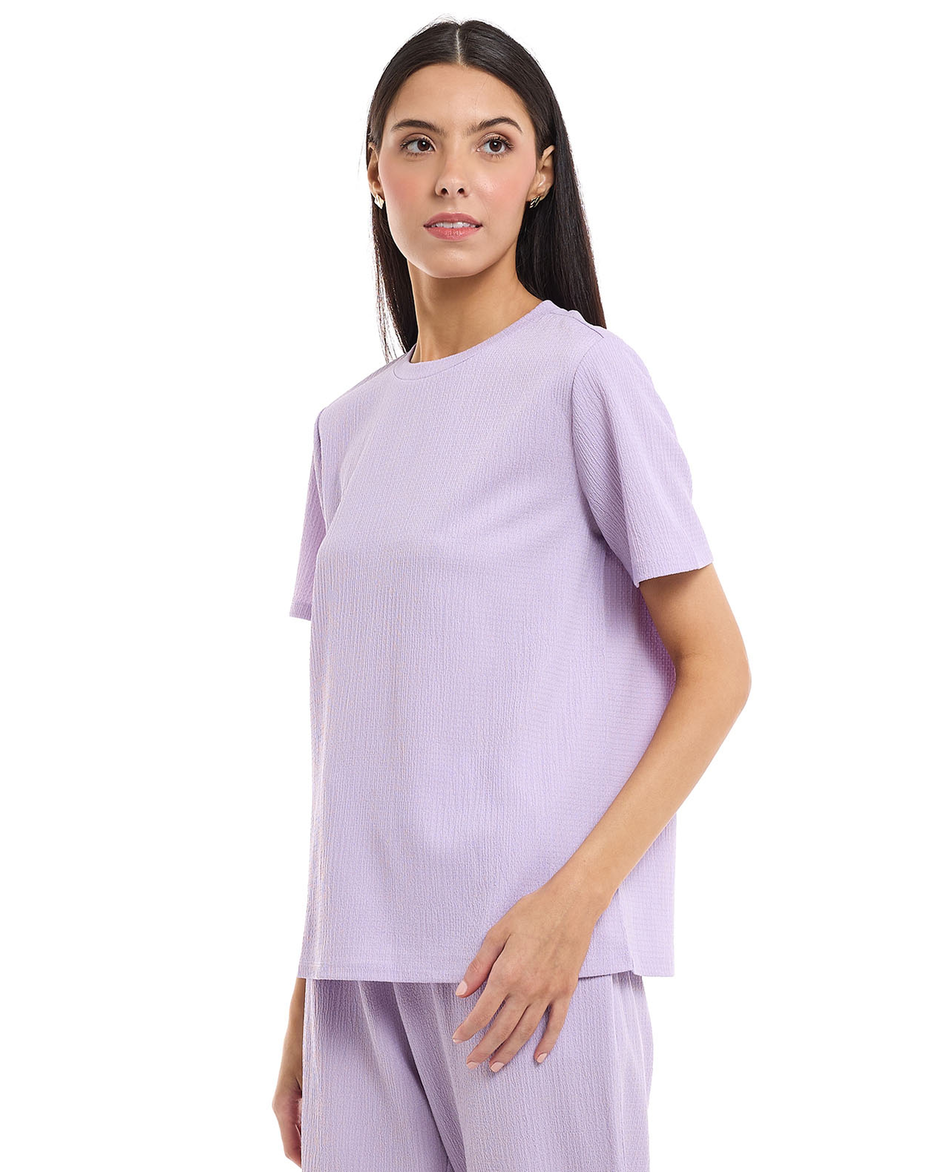 Textured Knit Top with Crew Neck and Short Sleeves