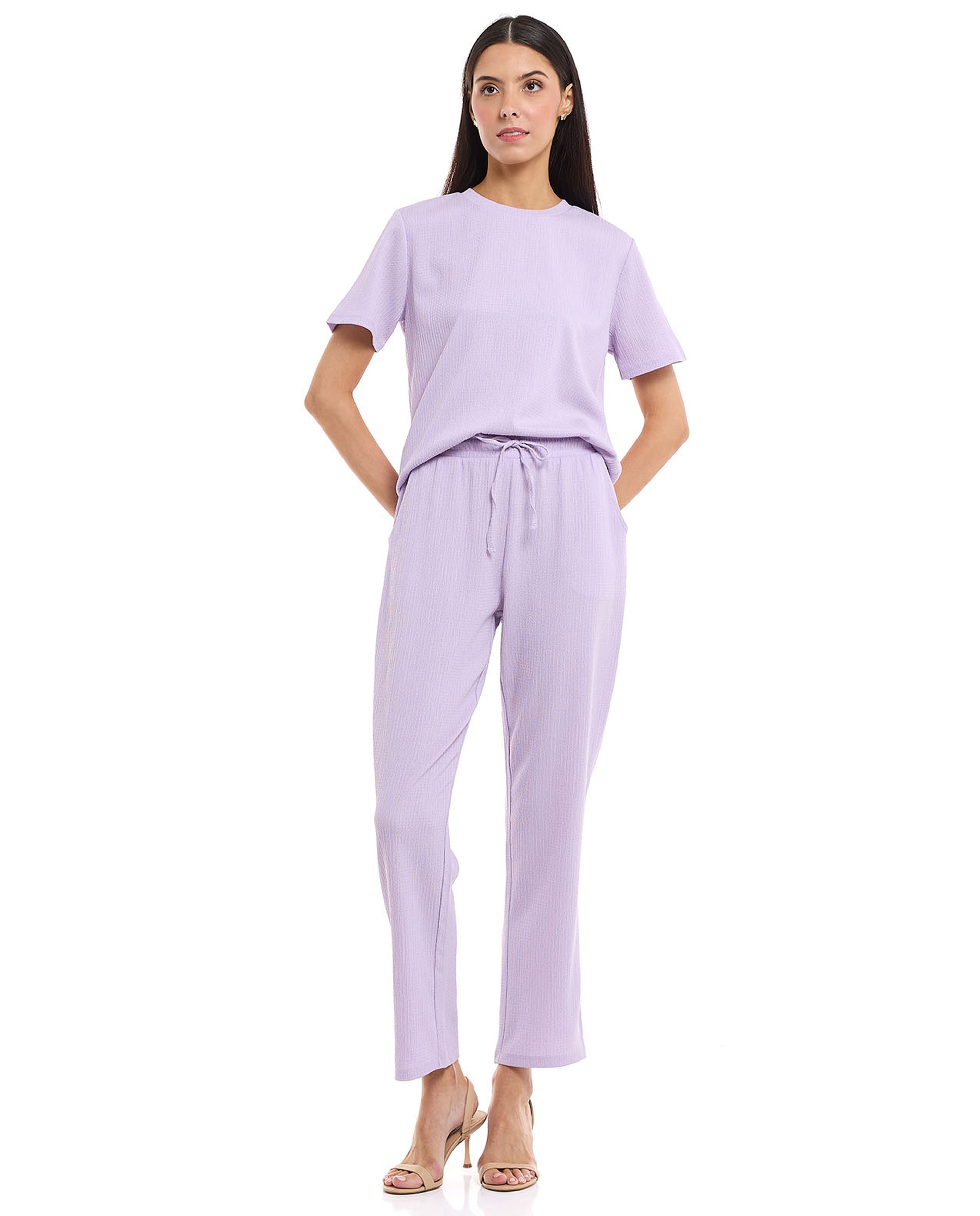 Textured Knit Top with Crew Neck and Short Sleeves